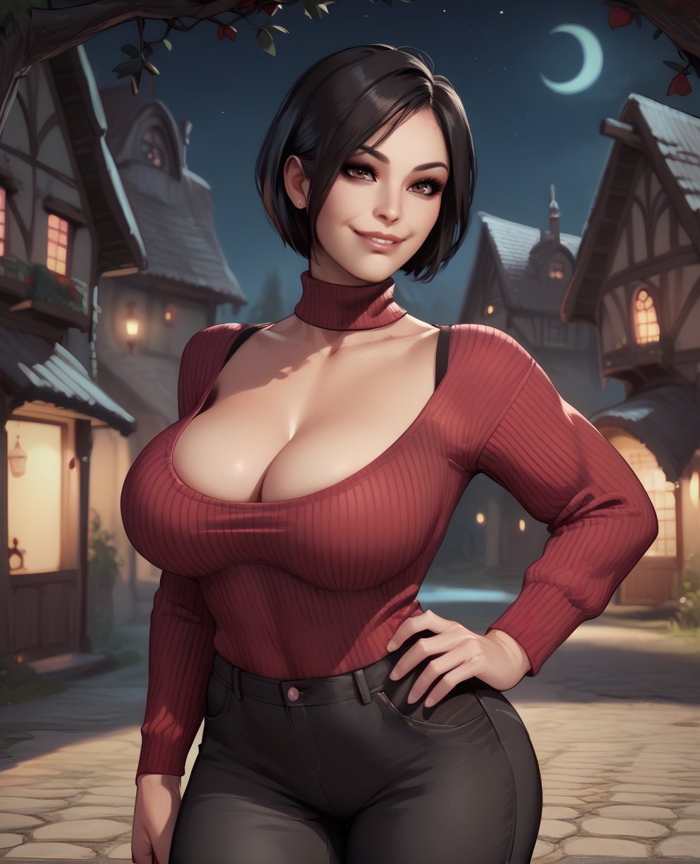 score_9,score_8_up,score_7_up,score_6_up,adawongxl,black hair,brown eyes,red sweater,miniskirt,light smile,black pants,cleavage,large breasts,seductive_smile,night,outdoors,old village,indoors,<lora:AdaWong:0.8>,