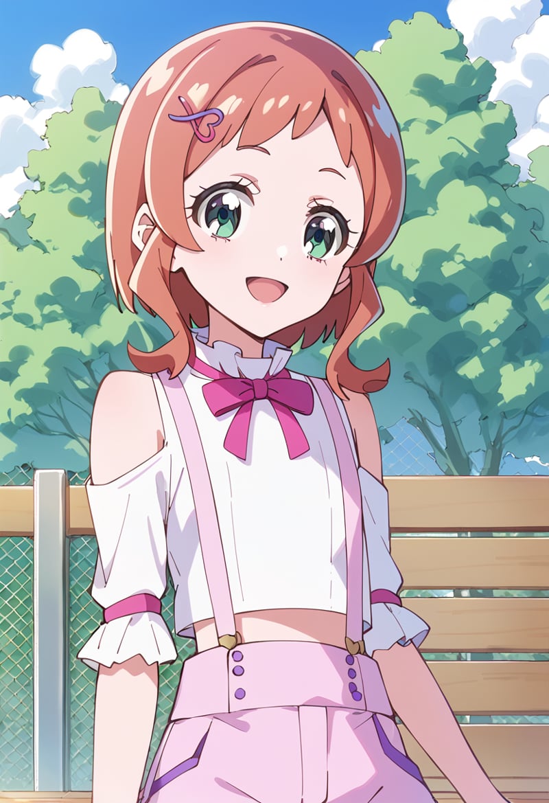 score_9, score_8_up, score_7_up, source_anime, BREAKinukai iroha, 1girl, green eyes, aqua eyes, solo, open mouth, smile, hairclip, short hair, shoulder cutout, clothing cutout, outdoors, tree, day, :d, heart hair ornament, upper body, blue sky, orange hair, white shirt, pink hair, fence, neck ribbon, eyelashes, medium hair, brown hair, pink ribbon, bare shoulders, pink neckwear, cloud, facing viewer, happy, bangs, arm cutout, suspender shorts, pink shorts, high-waist shorts, red hair, hairpin, wooden fence, bench, sidelocks, shiny hair, pink bow, collared shirt, midriff, flat chest, cloudy sky, short bangs, ldetached sleeves, short sleeves, purple ribbon, pink bowtie<lora:cure_friendy_inukai_iroha_sdxl_locon_pony_v1:0.7>