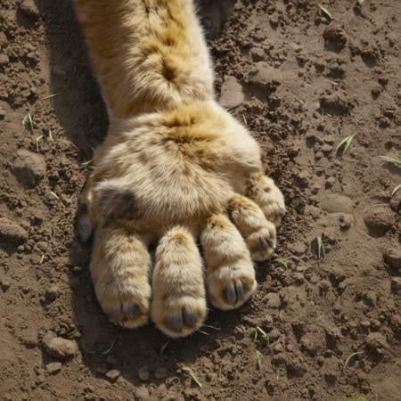 manga style art of In the African jungle a lion paw is shown in the dirt,  realistic,  realism by user_720431629750874608...