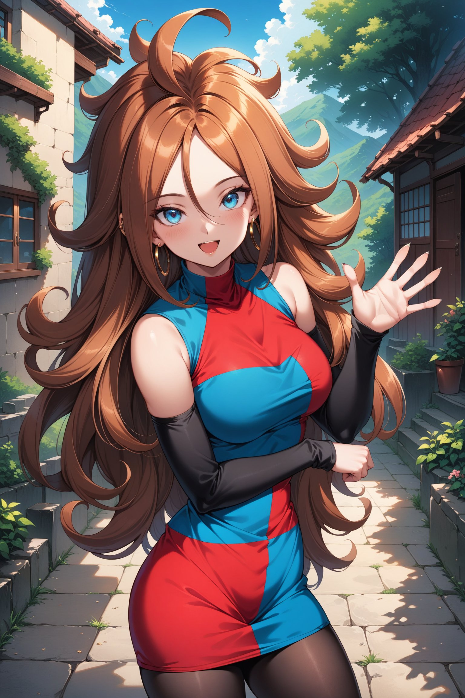 (masterpiece, best quality, very aesthetic, ultra detailed), intricate details, aaandro, brown hair, long hair, curly hair, blue eyes, hoop earrings, two-tone dress, checkered dress, sleeveless, bare shoulders, detached sleeves, black pantyhose, <lora:android_21_XL_v1:0.9>, outdoors, waving, smile, open mouth,