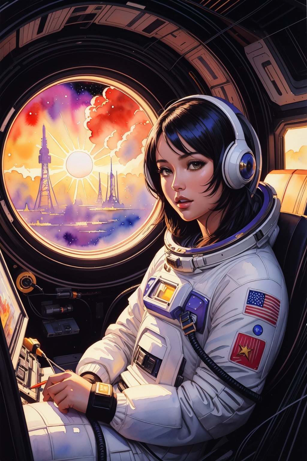 (masterpiece,top quality,best quality,extreme detailed,highest detailed,official art,beautiful and aesthetic:1.2),colorful,cowboy shot,beautiful face,solo,perfect body,1girl,in space,spacecraft,spacesuit,sun rays,indoors,(wires and cables:1.1),(science fiction:1.2),porthole,illuminator,stars,fantasy,high contrast,ink strokes,explosions,over exposure,purple and red tone impression,abstract,((watercolor painting by John Berkey and Jeremy Mann)) brush strokes,negative space