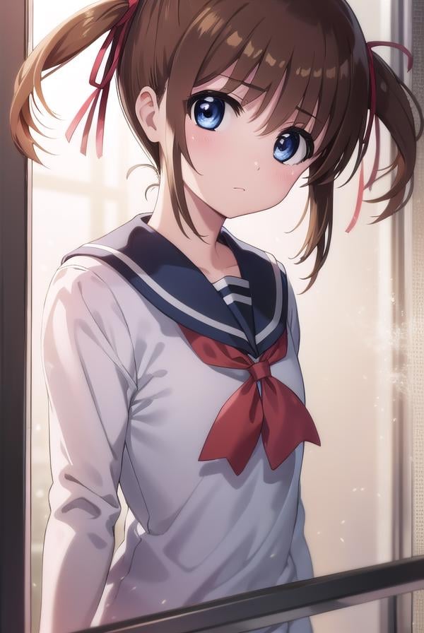 nanohatakamachi, <lora:nanoha takamachi movie2-lora-nochekaiser:1>,nanoha takamachi, takamachi nanoha, brown hair, twintails, blue eyes,BREAK long sleeves, ribbon, school uniform, serafuku, long sleeves, red ribbon, white sailor collar,BREAK indoors, classroom,BREAK looking at viewer, (cowboy shot:1.5),BREAK <lyco:GoodHands-beta2:1>, (masterpiece:1.2), best quality, high resolution, unity 8k wallpaper, (illustration:0.8), (beautiful detailed eyes:1.6), extremely detailed face, perfect lighting, extremely detailed CG, (perfect hands, perfect anatomy),