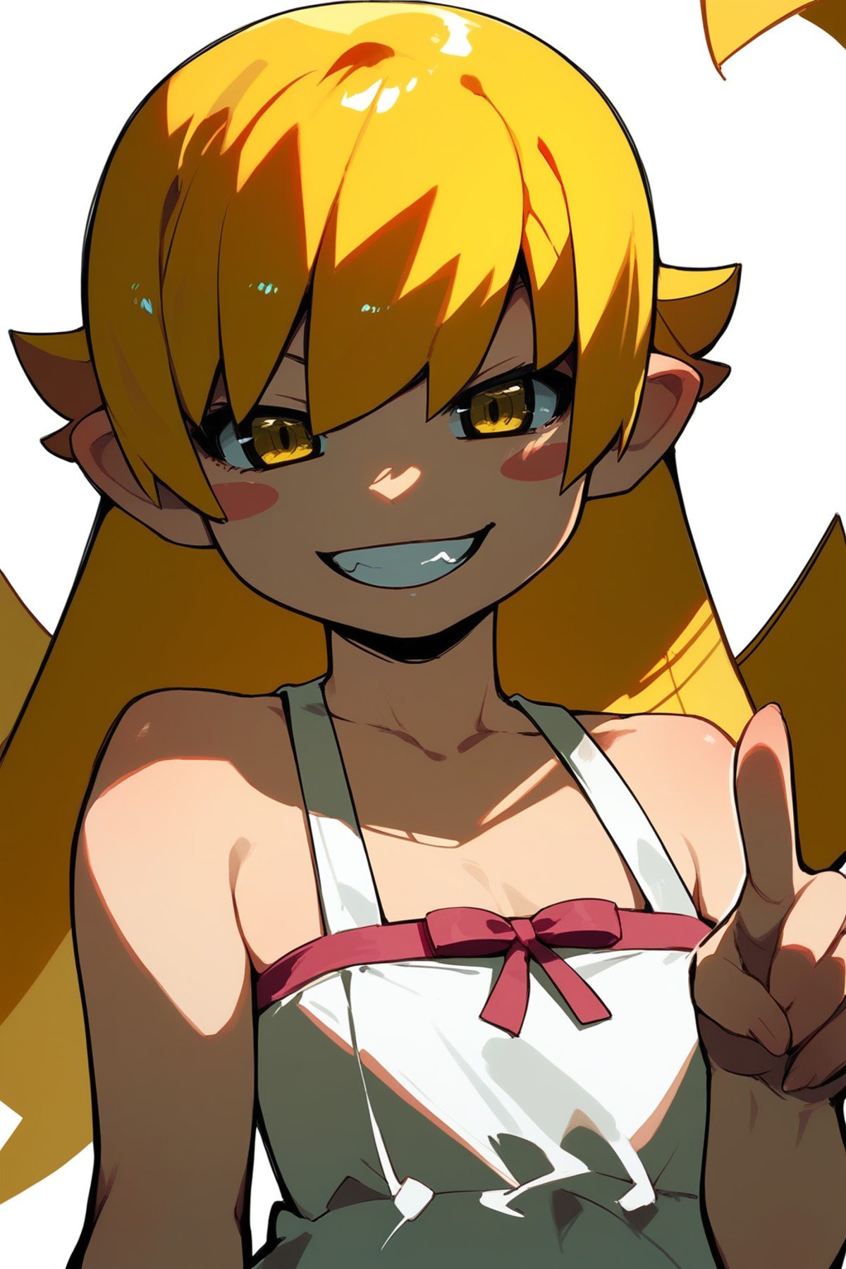 (score_9,score_8_up,score_7_up,),<lora:shinobu:0.9>,oshino shinobu,long hair,solo,blonde hair,yellow eyes,pointy ears,dress,white dress,blush stickers,bare shoulders,portrait,v,fang,grin,<lora:zankuroXLP6_lokr_V4236:0.6>,