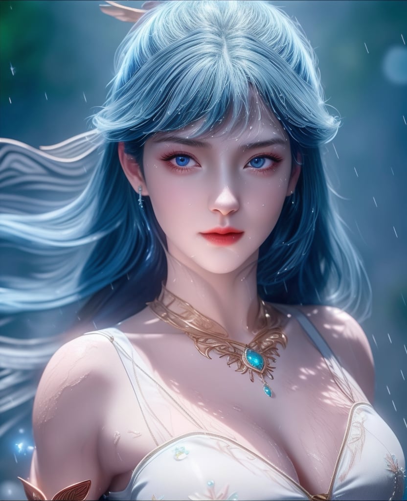 <lora:斗罗大陆-唐舞桐-海神缘:0.8>　　1girl, solo, blue hair, blue eyes, hair ornament, sparkle, looking at viewer,  (,1girl, ,best quality, ),looking at viewer, ,ultra detailed 8k cg, ultra detailed background,  ultra realistic 8k cg,          cinematic lighting, cinematic bloom, (( , )),,  , unreal, science fiction,  luxury, jewelry, diamond, pearl, gem, sapphire, ruby, emerald, intricate detail, delicate pattern, charming, alluring, seductive, erotic, enchanting, hair ornament, necklace, earrings, bracelet, armlet,halo,masterpiece, (( , )),, realistic,science fiction,mole, ,cherry blossoms,(((, , ultra high res, (photorealistic:1.4), raw photo, 1girl, wet clothes, rain, sweat, ,wet, )))(( , ))   (cleavage), (),