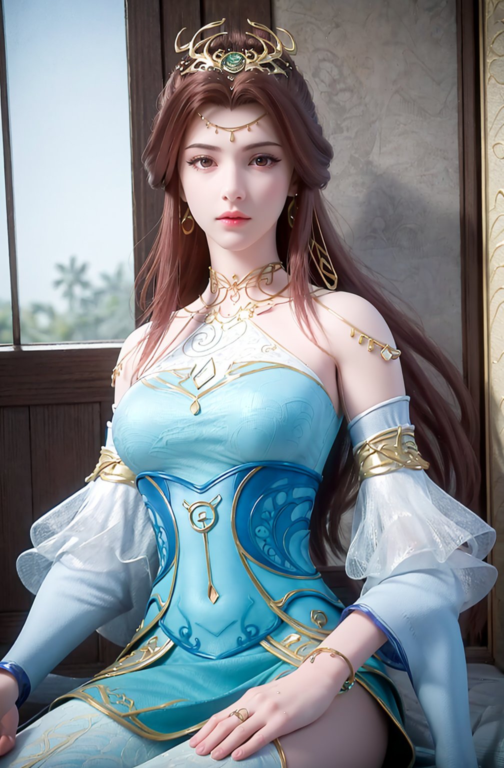 crystalstexture skin,best quality,masterpiece,ultra detailed,8k,RAW photo,realistic,photorealistic,ultra-detailed,intricate detail,extremely detailed,delicate pattern,masterpiece,looking at viewer,<lora:C_百炼成神_苏灵韵2_JAN:0.7>,bedroom,1girl,solo,dress,hair ornament,earrings,long hair,jewelry,bare shoulders,detached sleeves,sitting,bare legs,