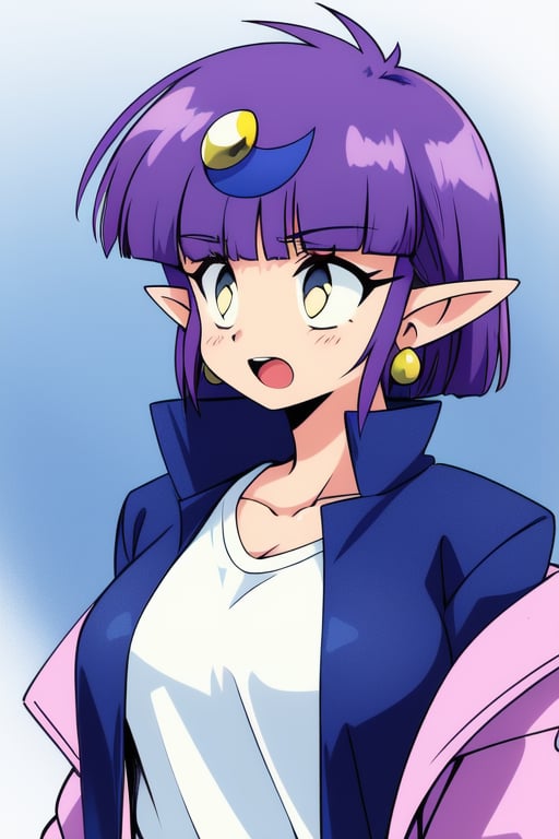 <lora:Arara_Cocoa:0.8>, AraraCocoa, 1girl, pointy ears, solo, jewelry, earrings, purple hair, crescent, hair ornament, crescent hair ornament, bangs, retro artstyle, jacket, shirt, blunt bangs, crescent earrings, upper body, open mouth, white shirt, blue jacket, breasts,masterpiece, high quality, very_high_resolution, large_filesize, full color,