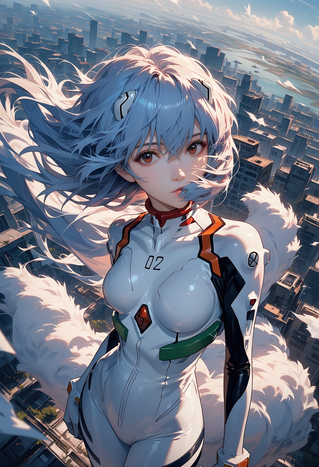 1girl,ayanami rei,neon genesis evangelion,rebuild of evangelion,plugsuit,pilot suit,white bodysuit,looking at viewer,head tilted,light blue long hair,hair blowing in the wind,(intricate details),(dynamic angle),fluffy hair,air bangs,, score_9,score_8_up,score_7_up,