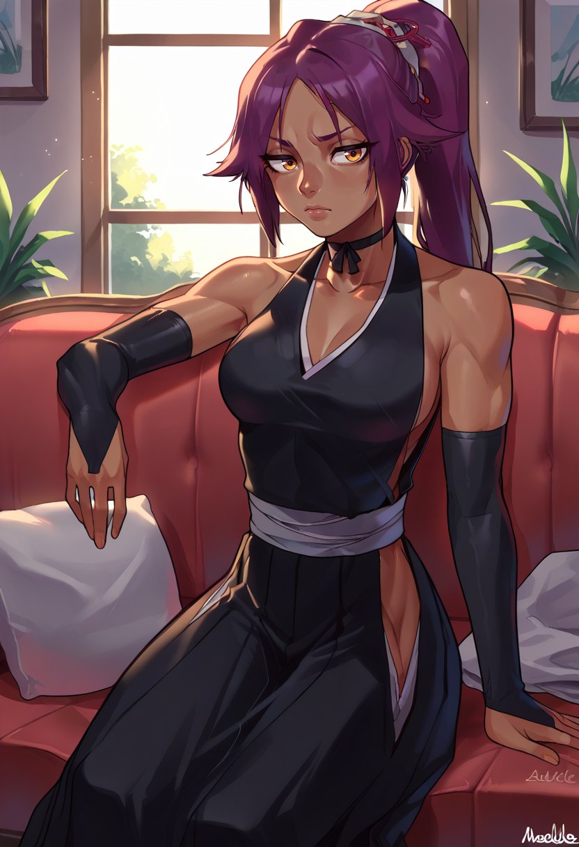 score_9, score_8_up, source_anime, 1girl, solo, YoruichiCaptain, dark-skinned female, long hair, high ponytail, hair tie, black choker, black kimono, sideless kimono, sleeveless, black elbow gloves, sash, hip vent, sitting, indoors, on sofa, <lora:ChamShihouinYoruichiPonyXL:1>