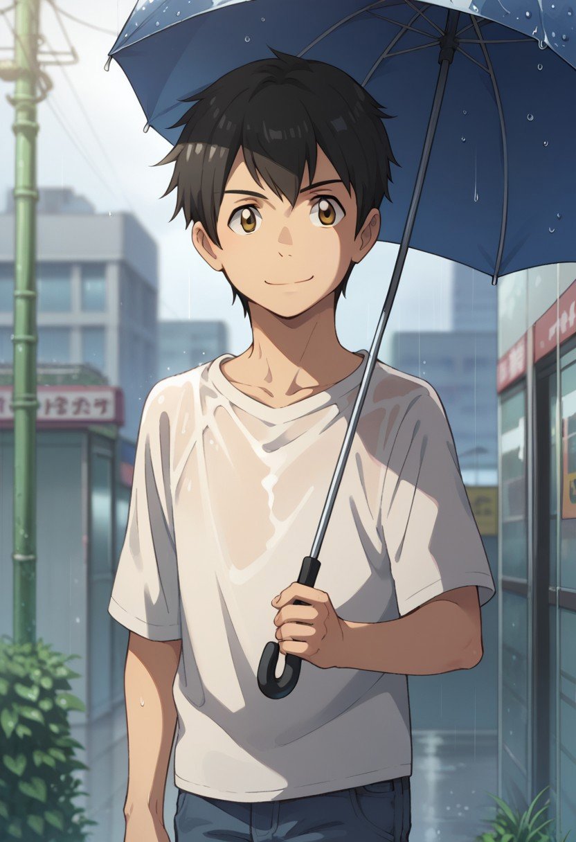 score_9, score_8_up, source_anime, highly detailed, hodaka, 1boy, male focus, hold, hold umbrella, solo, black hair, upper body, brown eyes, smile, pants, shirt,outdoor, tokyo, rain,