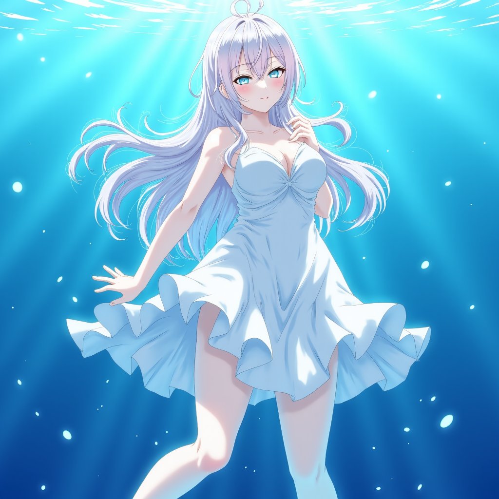 A beautiful woman,underwater,ethereal beauty,light color,(beautiful and pure blue background:1.2),white hair,maturity,attractive,perfect figure,(solo:1.2),(highest quality,extremely clear,masterpiece:1.2),anime style,(extremely details:1.4),