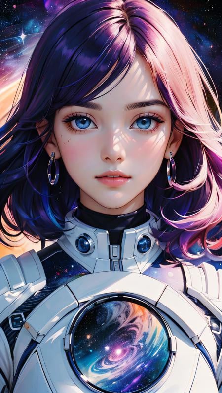 (best quality, masterpiece, perfect face, beautiful and aesthetic:1.2, colorful, dynamic angle, highest detailed face) fashion photography of cute astronaut girl with long iridiscent purple hair, in space (intricate details, hyperdetailed:1.15), detailed, sunlight passing through hair, (beautiful galaxy background), (high contrast, official space art, extreme detailed, highest detailed), HDR+