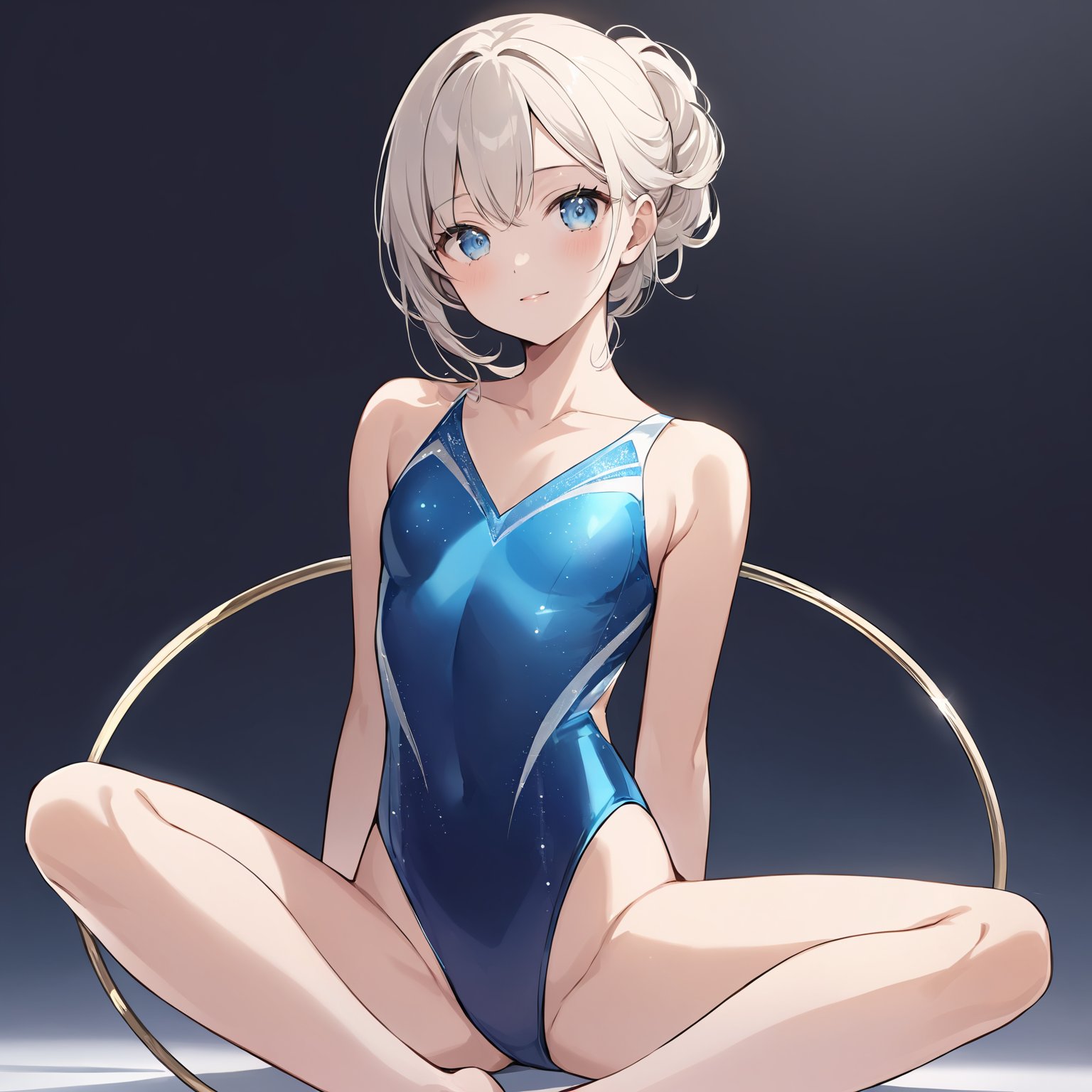 masterpiece,ultra-detailed,best quality,8K,illustration,cute face,clean skin ,shiny hair,woman,ultra-detailed-eyes,simple background, <lora:add-detail-xl:1>   <lora:rhythmic gymnastics_XL_V1.2:1.2> rhythmic gymnastics, leotard,sitting,hoop