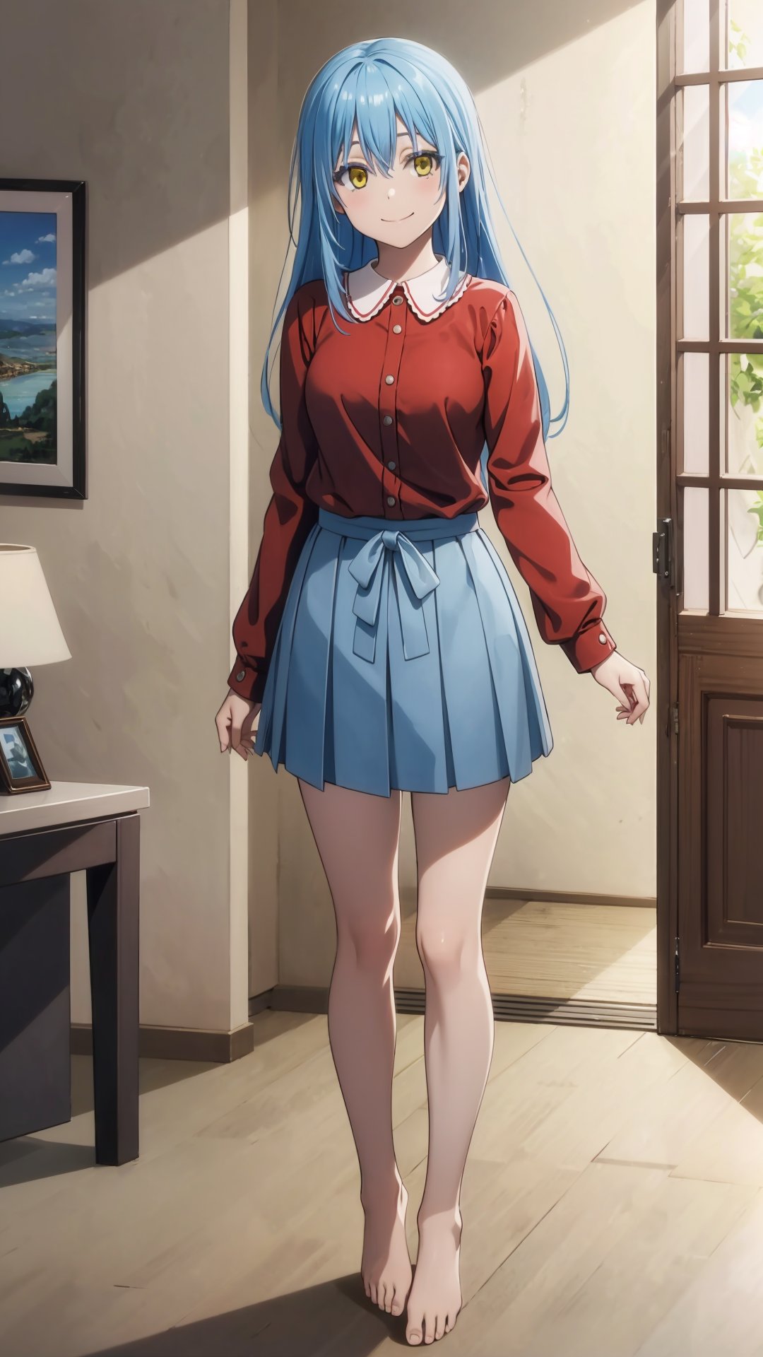 (masterpiece, best quality), ray tracing, absurdres, HDR,rimuru clothes, long hair, blue hair, yellow eyes, shirt, closed mouth, red shirt, 1girl, large breats,, rimuru tempest, skirt, bangs, red shirt, smile, solo, hair between eyes, grey skirt, long sleeves, collared shirt, ,blush ,looking at viewer,indoors,barefoot,full body,   <lora:rimuru_clothes01:0.7>