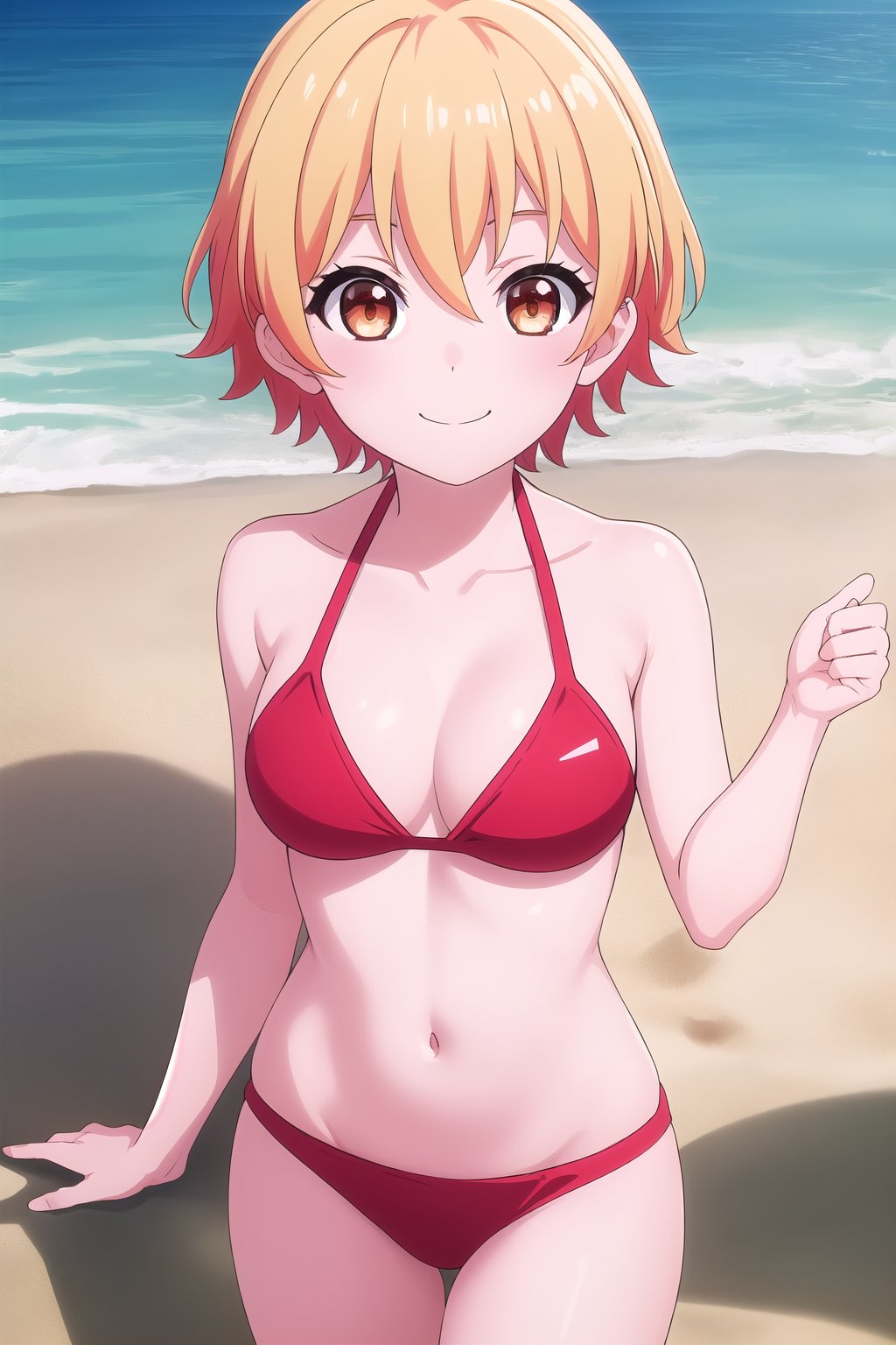 (masterpiece, best quality), highly detailed background, perfect lightingbest quality, saginumariko, solo, outdoors, beach, blonde hair, orange hair, hair between eyes, streaked hair, short hair, orange eyes, medium breasts, red bikini, swimsuit, smile, closed mouth, :),<lora:Saginuma-Riko:0.7>