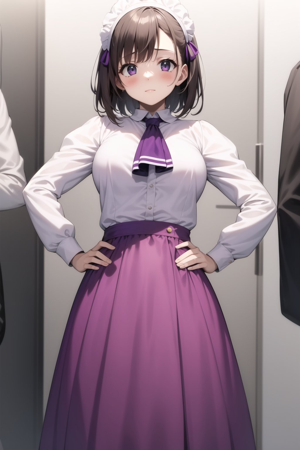 Highly detailed, High Quality, masterpiece, beautiful,BREAK 1girl, Focus solo, (young woman), (16 old), BREAK Uniform Sweet Ohara, skirt, long sleeves, dress, standing, puffy sleeves, red ascot, hands on hips, long skirt, (purple skirt:1.5), white dress, wrist_cuff, maid headdress,BREAK looking_at_viewer, from_view, (Focus breasts:1.3), motion blur<lora:EMS-327022-EMS:0.300000>, <lora:EMS-434503-EMS:0.800000>