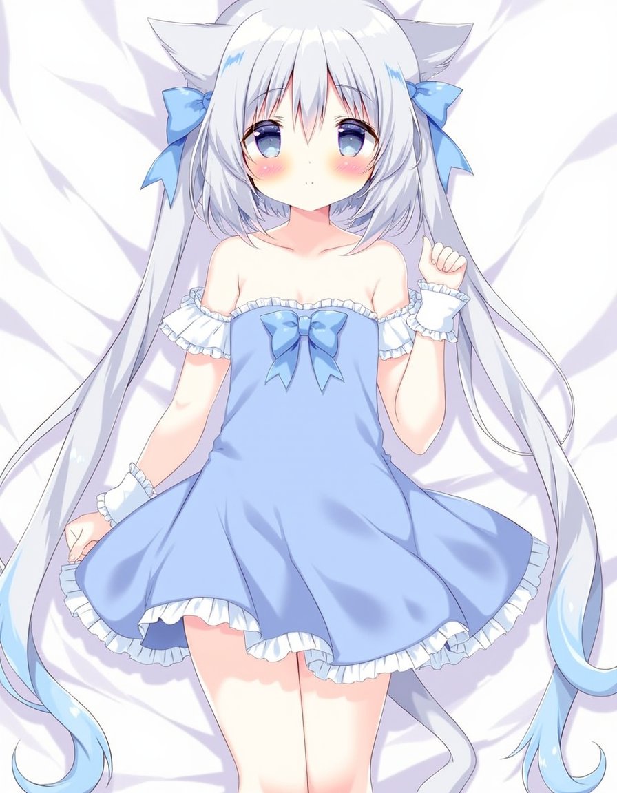 shiratama_(shiratamaco), commentary_request, highres, 1girl, ahoge, animal_ears, arm_between_breasts, bare_shoulders, bed_sheet, between_breasts, blue_bow, blue_dress, blue_eyes, blue_hair, blush, bow, breasts, closed_mouth, collarbone, dress, ear_bow, frilled_dress, frills, grey_hair, hair_between_eyes, long_hair, looking_at_viewer, lying, medium_breasts, multicolored_hair, on_back, sleeveless, sleeveless_dress, solo, tail, tentacles, two-tone_hair, very_long_hair, virtual_youtuber, wavy_mouth, wrist_cuffs, futaba_sharo, indie_virtual_youtuber, year_2023,, <lora:flux-Shiratamaco-000008:1>