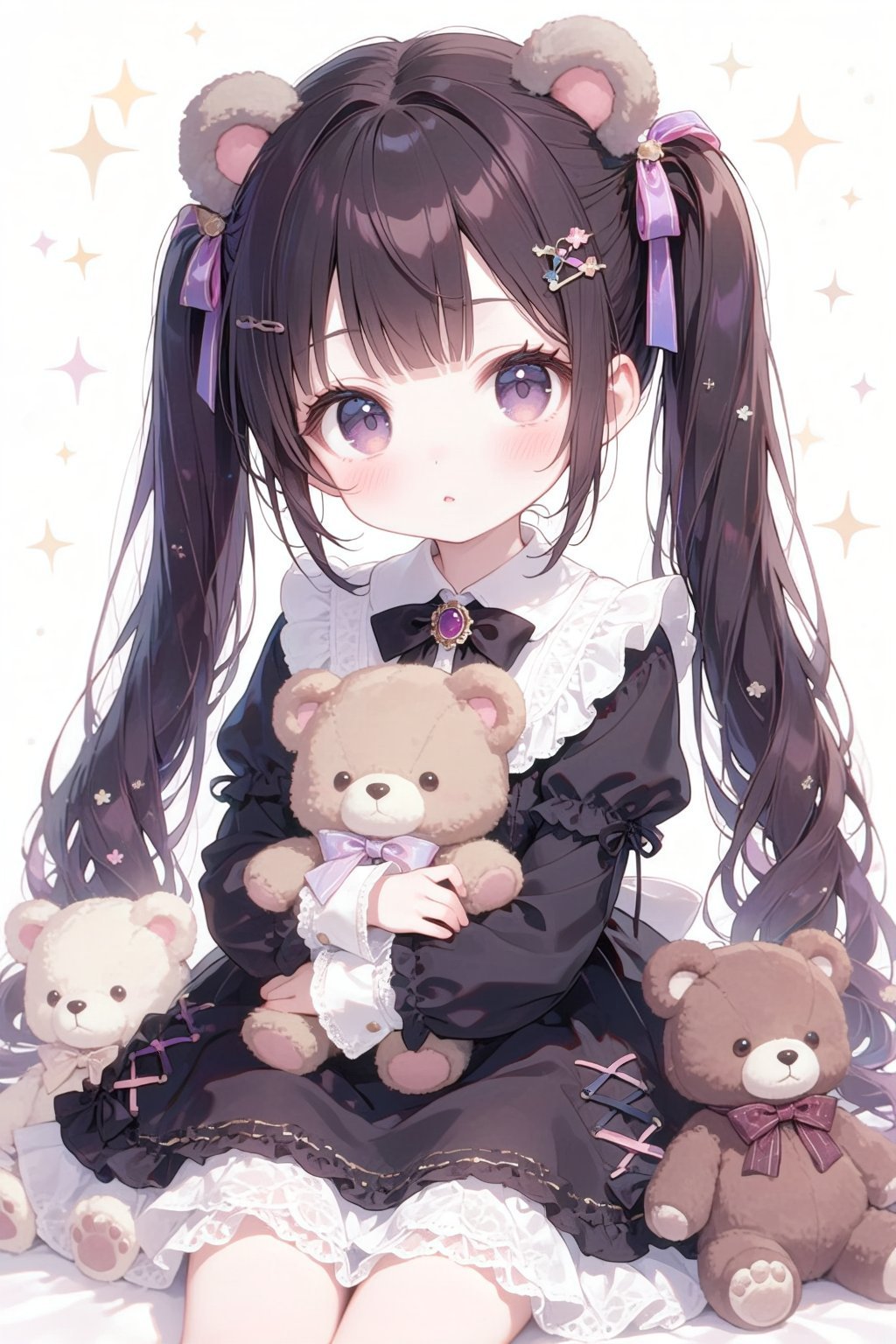 a cute young girl with long,  dark brown hair styled in twin tails with pink and purple ribbons. She wears a black dress w...