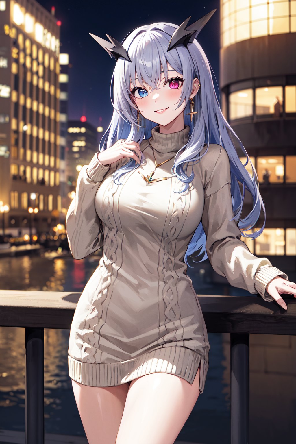 masterpiece, best quality, highres, aaforte, long hair, headpiece, heterochromia, jewelry, earrings, breasts, <lora:tentei_forte_v1:0.7>, smile, sweater dress, outdoors, cowboy shot, city, night