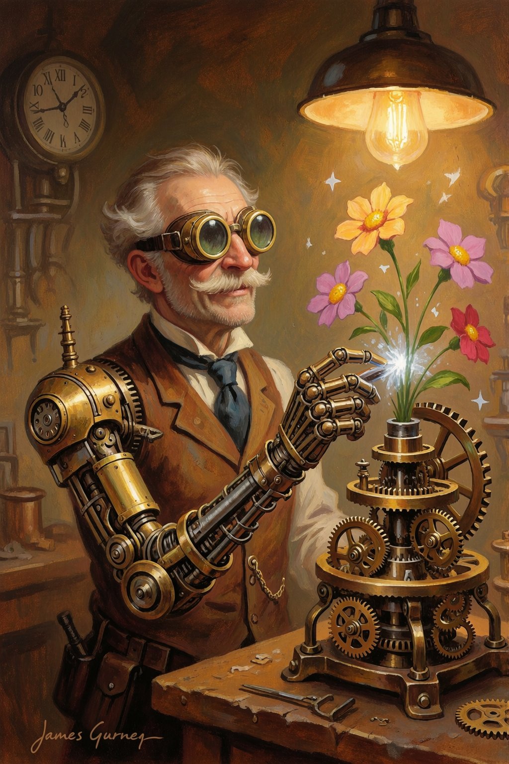 steampunk inventor with brass goggles,  mechanical arm creating flowers from gears,  Victorian workshop by inknoir on Tens...