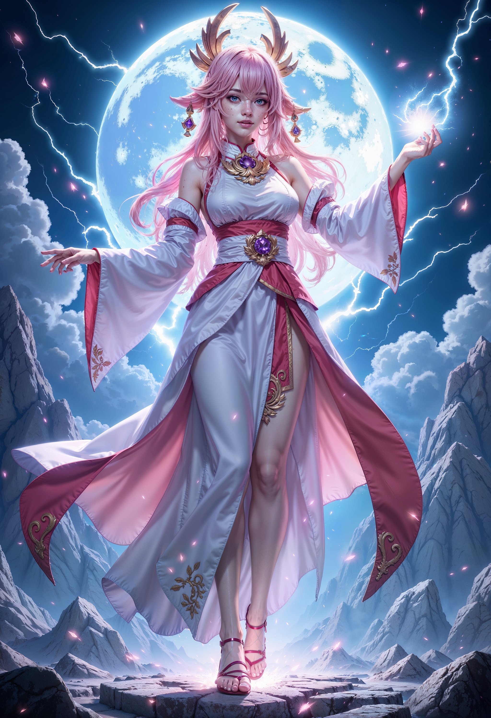 FluxYaeMiko, hyperrealism, high quality, 8K Ultra HD, pink-haired with ornate accessories, divine, powerful magic in the background, aura of blue-white light, storm moon, lightning magic splash, magical background, casting a spell, Magic Circle, dynamic pose, hovering, (maximum ultra high definition image quality and rendering:3), maximum image detail, maximum realistic render, (((ultra realist style))), realist side lighting, , 8K high definition, realist soft lighting, (amazing special effect:3.5)   <lora:FluxYaeMiko:0.7>