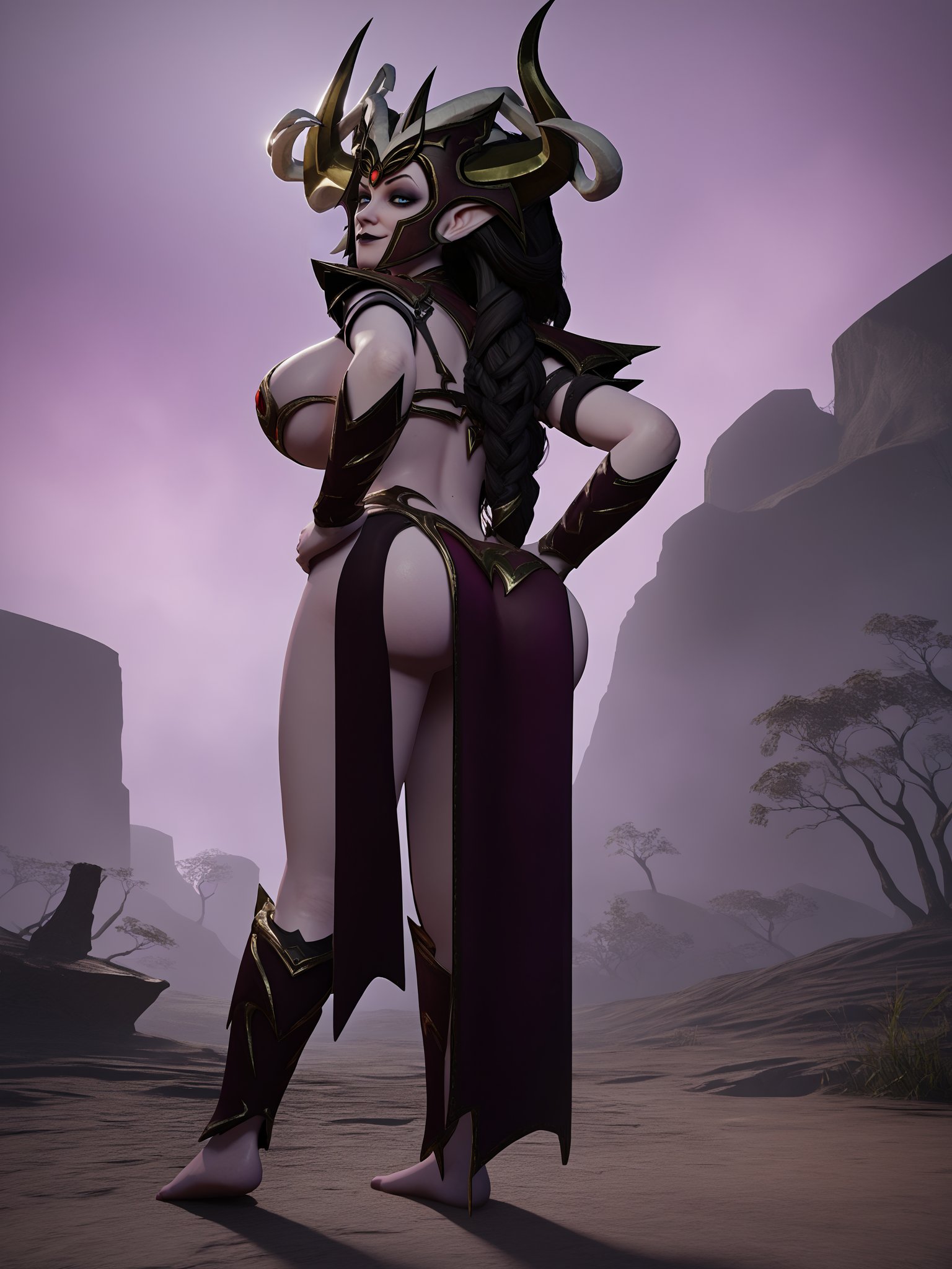 score_9, score_8_up, score_7_up, score_6_up, score_5_up, score_4_up,  3D, uncensored,  BREAK,Morathi is standing legs apart, hands on hips, legs apart, soles, ass focus, from side, from below,1girl, mature female, elf, (solo:1.1),looking at viewer, looking down, seductive smile, eye contact, black hair, long hair, eyeshadow, braid, blue eyes, pointy ears,horned helmet, bikini armor, shoulder armor, bracer, pelvic curtain,  shin guards, greaves, barefoot,curvy, huge breasts, thigh thighs, big ass,outdoors, dark lands, wasteland, purple skies, purple aura,<lora:Morathi3216XL:1>   <lora:X3DLycoXL:0.7>