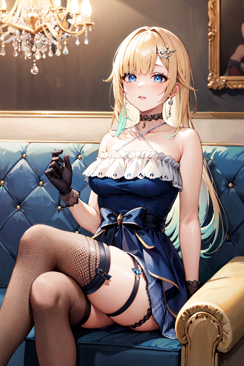 masterpiece, best quality, highres, aaema, long hair, gradient hair, hair ornament, lace choker, black choker, bare shoulders, criss-cross halter, blue dress, frils, black bow, black gloves, thigh strap, fishnet, single thighhigh, <lora:aizawa_ema_v1:0.7>, indoors, sofa, sitting, crossed legs, chandelier, 