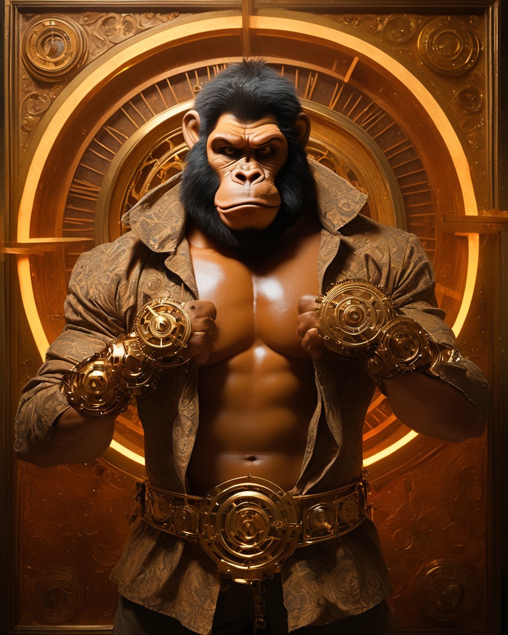 steampunk style (Op Art:0.8),(male:1.5),(Donkey Kong 傻猩猩 Donkey Kong 大金刚 powerful playful gorilla DK Island banana hoard tie-wearing barrel-smashing jungle hero:1.6),(Knolling Photography:0.7),(muscular male:1.3),(backlighting:1.4),(cinematic lighting:1.4),(masterpiece:1.4),super detail,(glass shiny (textured skin):0.3),high details,(back:0.3),(light and shadow:0.6),(burly:0.3),<lora:【写意山水】绝色山海LORA XL-家叔马丁Mr_M_v1.0:0.14>,(sweating  muscular muscle topless fighting barefoot barechest sweating naked:1.6),(well defined:1.5),(clothes:1.6),<lora:XL_LORAneg4all_bdsqlsz_xl_V7>,<lora:次元概念XL_1:0.5>,<lora:魔法阵-[SDXL白棱Lora]_v1.0:0.5>,<lora:XL_LORA_DetailedEyes_V3:0.6>,(cloud and fog:0.8),(close-up:0.6),(upper_body:0.2),(burly:0.1),(portrait:0.8),dim,(muscular:0.3),(vibrant energy:0.6),(fullbody:0.9),<lora:SDXL手绘神秘风塔罗牌_v1.0:0.3>,(true style:1.4),(masterpiece:0.8),(hair:0.5),(analog:0.8),(old photo:0.7),(old fade polaroid:0.6),(furry:0.6),<lora:奇幻特性加强:-0.1>,(dynamic:0.5),(dramatic:0.4),(Luminsm:0.8),(Non-Fiction:0.8),(optical illusion:0.7),(abstract:0.5),(geometric pattern:0.5),(impression of movement:1.1),(traditional dress:0.3),<lora:筑梦工业 _ 天神判官-机器人XL_v1.0:0.1>,<lora:dongdongXL0101FANT8Kdep:0.3>,(loincloth:0.3), . antique, mechanical, brass and copper tones, gears, intricate, detailed