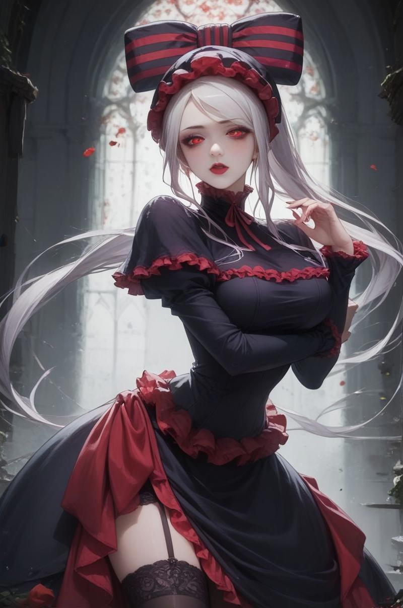 (score_9, score_8_up:1.1), score_7_up, score_6, Overlord western anime style, BREAK (24 year old Shalltear Bloodfallen from overlord walking in a castle), vampire lady, gothic victorian dress, sleek silver hair with bow, red eyes, small ears, lipstick, mascara, (very pale ghostly white skin), eye shadow, stockings,  captivating gaze, looking at viewer, blushing, flushed cheeks, very sexy, slim legs, BREAK  volumetric lighting, cinematic lighting, detailed, shadows,  sinister lighting, dramatic pose, dynamic, small tight butt, detailed face, intricate details, naturalism, hyperdetailed, wide shot dark cinematography, volumetric lighting, source lights,  <lora:Expressive_H:1>,   <lora:Concept Art Ultimatum Style LoRA_Pony XL v6:1> , zPDXL (1), <lora:Shalltear:1>