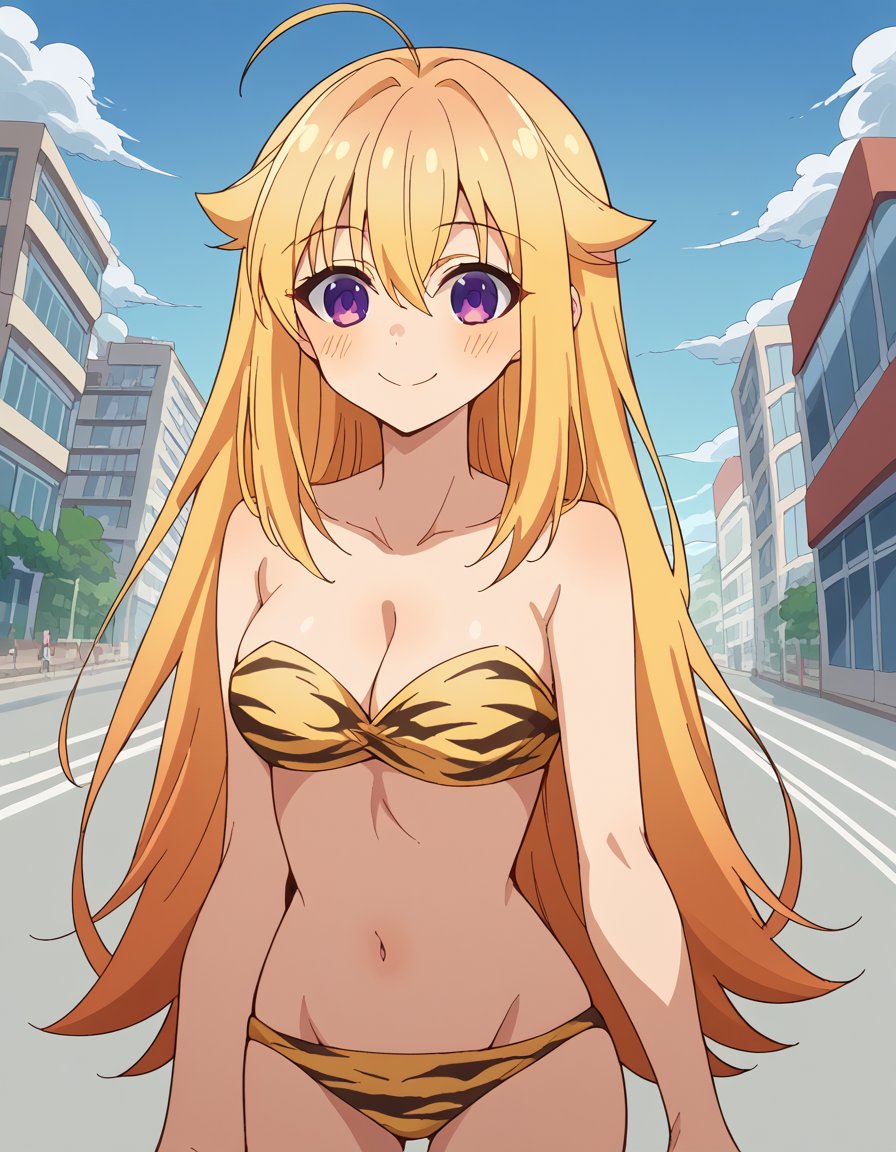 score_9, score_8_up, score_7_up, source_anime, <lora:torako-koshi-s1-v2-ponyxl-lora-nochekaiser:1>, torako koshi, long hair, bangs, blonde hair, hair between eyes, very long hair, purple eyes, ahoge, sidelocks, hair flaps, <lora:lum-cosplay-ponyxl-lora-nochekaiser:1>, lumcosplay, navel, cleavage, swimsuit, bikini, strapless, animal print, yellow bikini, tiger print, strapless bikini,, outdoors, cityscape, street, smile, blush,, , cowboy shot, dutch angle