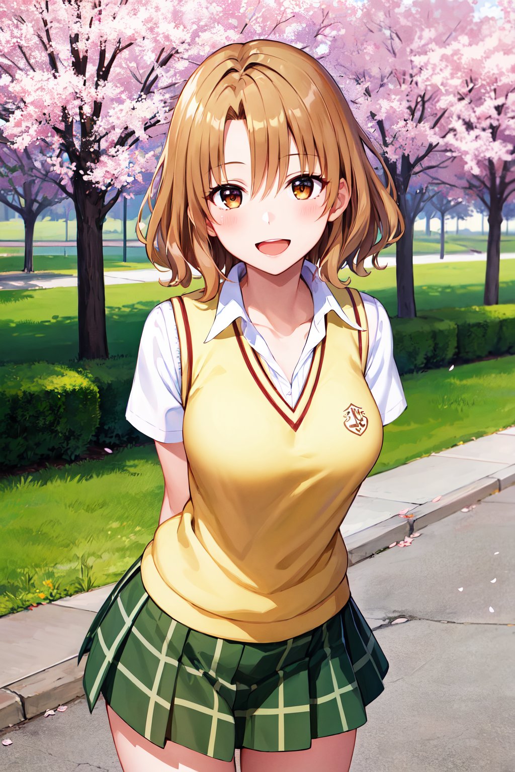 masterpiece, best quality, highres, 1girl, solo, short hair, brown hair, brown eyes, breasts, collarbone, school uniform, collared shirt, white shirt, sweater vest, (yellow vest:1.1), short sleeves, plaid skirt, green skirt, <lora:momioka_risa_v1:0.7>, open mouth, arms behind back, standing, leaning forward, cowboy shot, cherry blossoms, outdoors, smile