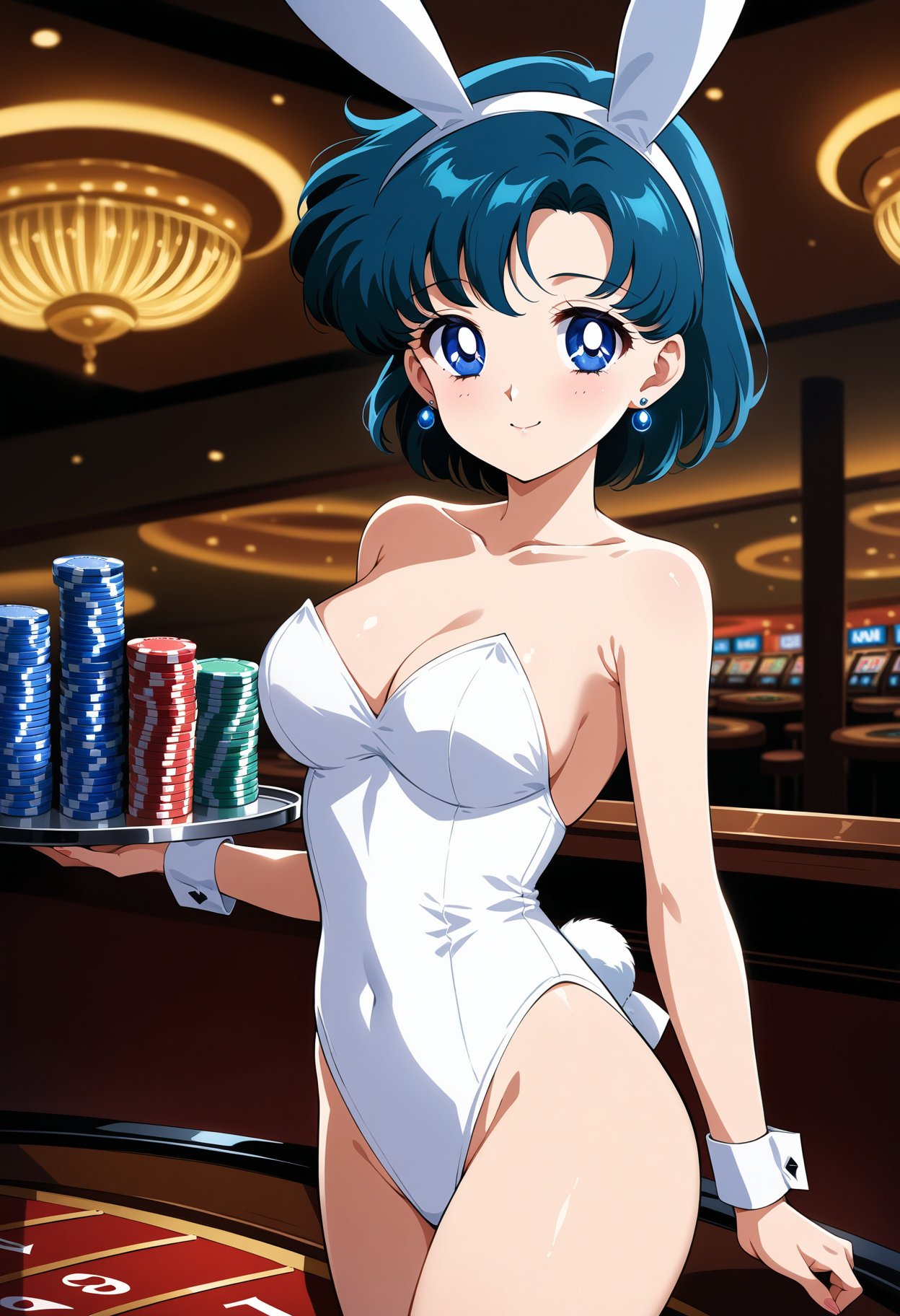 (masterpiece, best quality, very aesthetic, ultra detailed), intricate details, 4k, aamercury, short hair, blue hair, earrings, blue eyes, <lora:sailor_mercury_animaginexl_v1:0.9>, playboy bunny, strapless, bare shoulders, casino, standing, cowboy shot, holding tray, smile, poker chip,