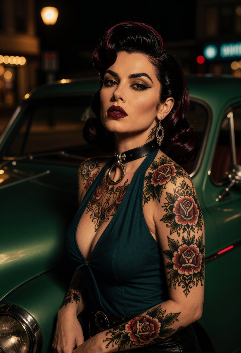 occult,  rockabilly_morph,  A photorealistic occult rockabilly portrait of a 29-year-old woman with light olive skin by in...