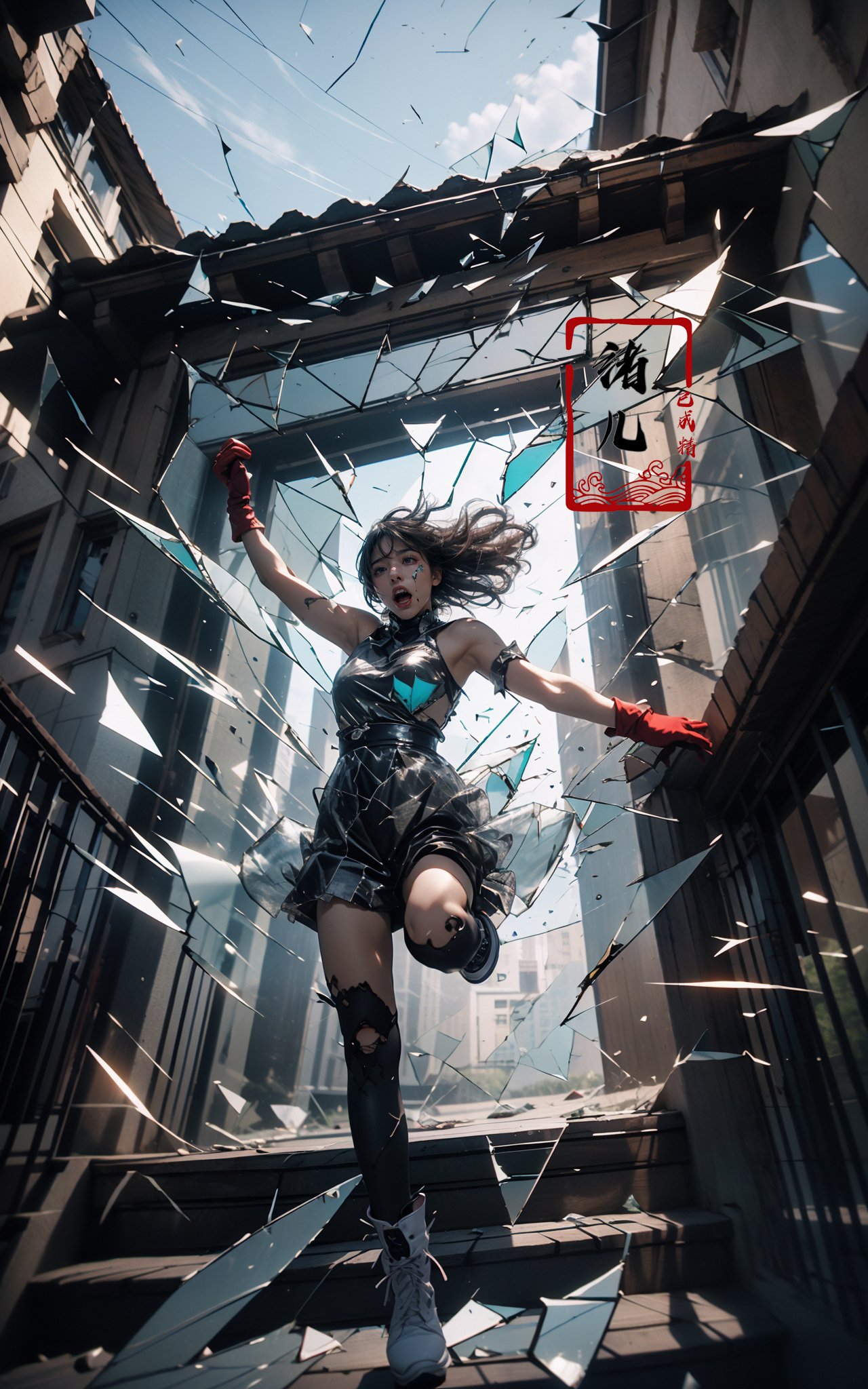 jumping，midair, (1girl, solo:1.2), open mouth, outdoors, building, (broken glass:1.5), shoes, (red gloves:1.3),Glow, reflective glass, light pollution，<lora:绪儿-跳跃构图 jumping:0.8>