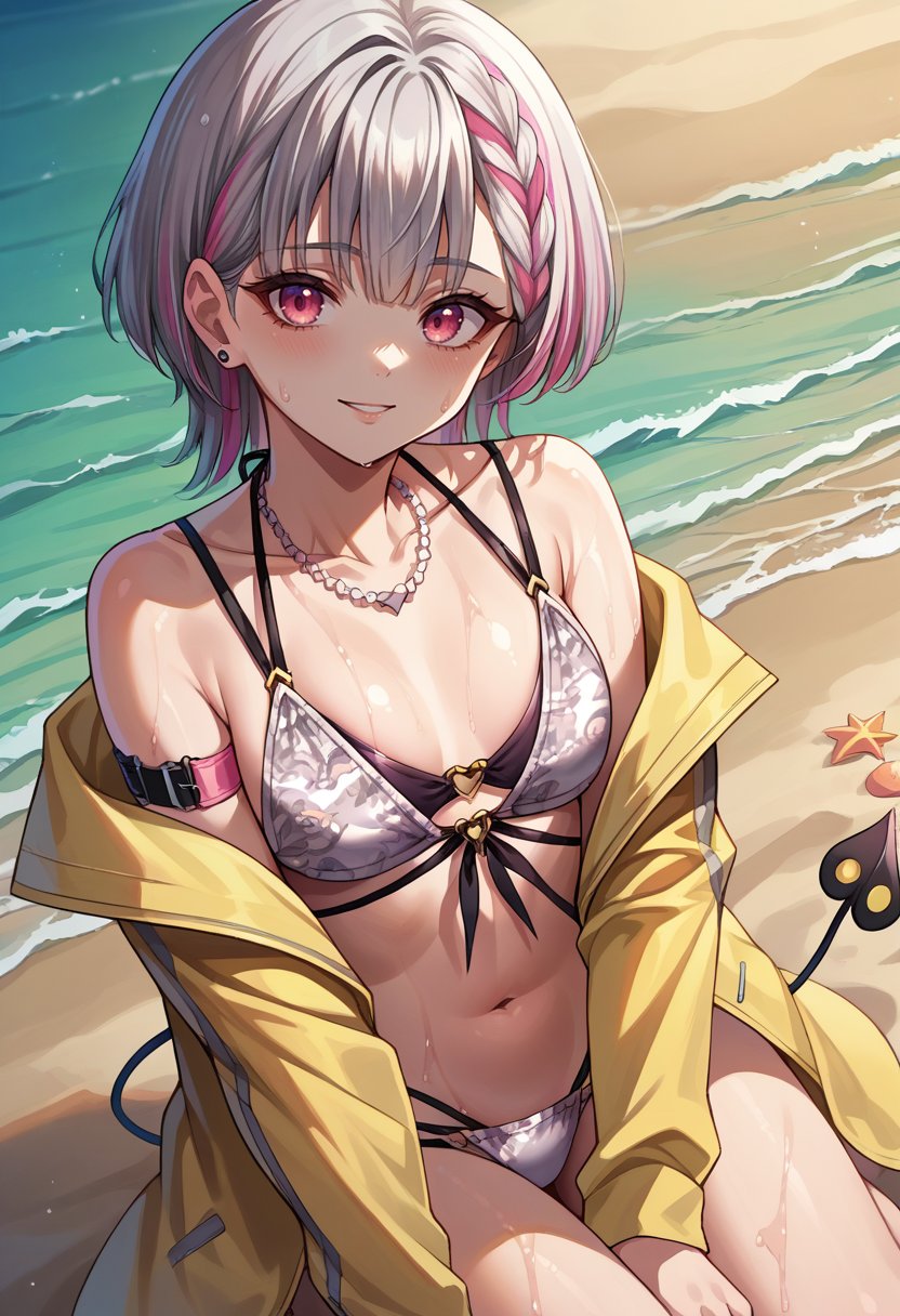 score_9, score_8_up, source_anime, 1girl, solo, SenaSmmer, pink eyes, multicolored hair, grey hair, pink hair, braid, short hair, necklace, grey bikini, print bikini, o-ring bikini, arm strap, tail, two tails, yellow jacket, see-through jacket, outdoors, beach, happy, sunshine, wet, <lora:ChamAsumiSenaPonyXL:1>