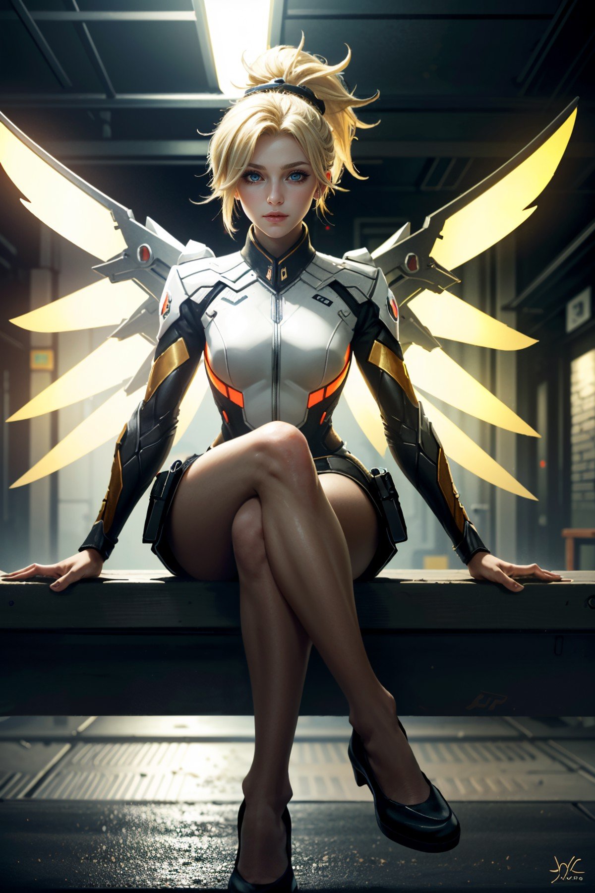 ((ultra detailed, masterpiece, absurdres))<lora:OMercy:0.8>OMercy, 1girl, blonde hair, ponytail, looking at viewer, mechanical wings, mechanical halo, Gritty subway platform, dynamic lighting, urban underground vibe, sitting