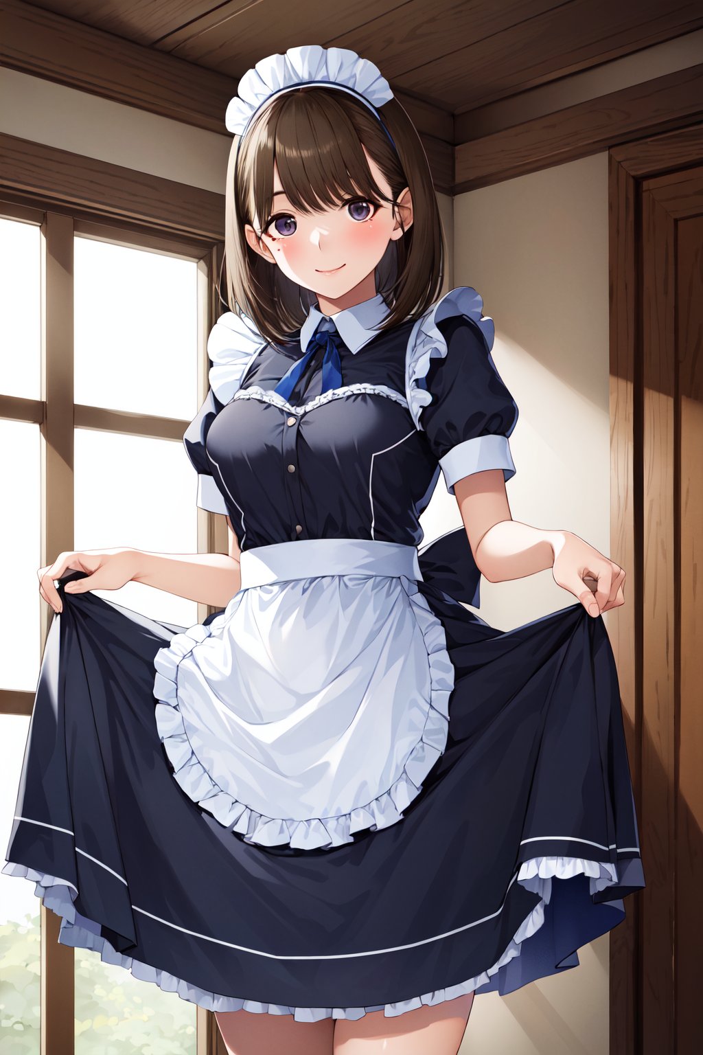 masterpiece, best quality, highres, aanene, short hair, <lora:anegasaki_nene_v1:0.7>, maid, maid headdress, cowboy shot, standing, indoors, skirt hold, smile