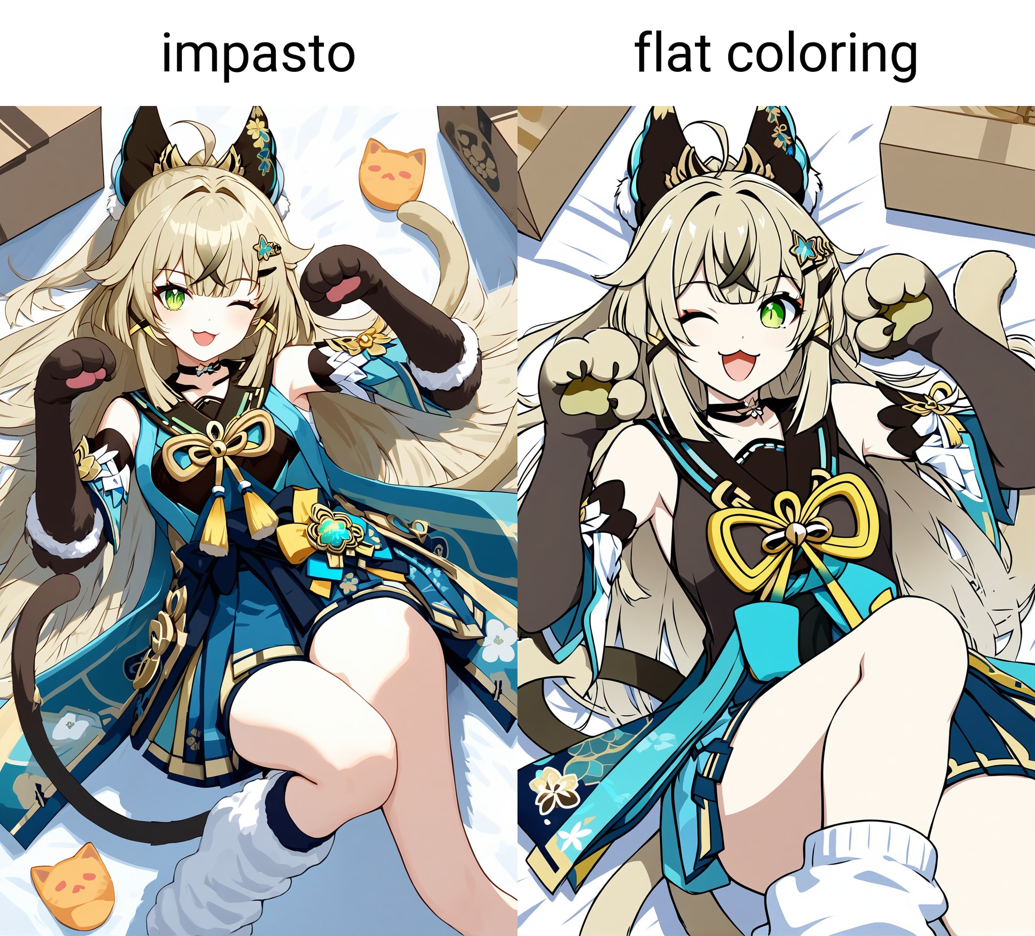 masterpiece,impasto,1girl, kirara \(genshin impact\), green eyes, solo, one eye closed, animal ears, tail, multiple tails, cat ears, cat tail, long hair, two tails, paw pose, ahoge, looking at viewer, open mouth, smile, box, on back, hair ornament, nekomata, detached sleeves, cat girl, animal hands, lying, leg warmers, choker, bare shoulders, loose socks, hairclip, black choker, socks