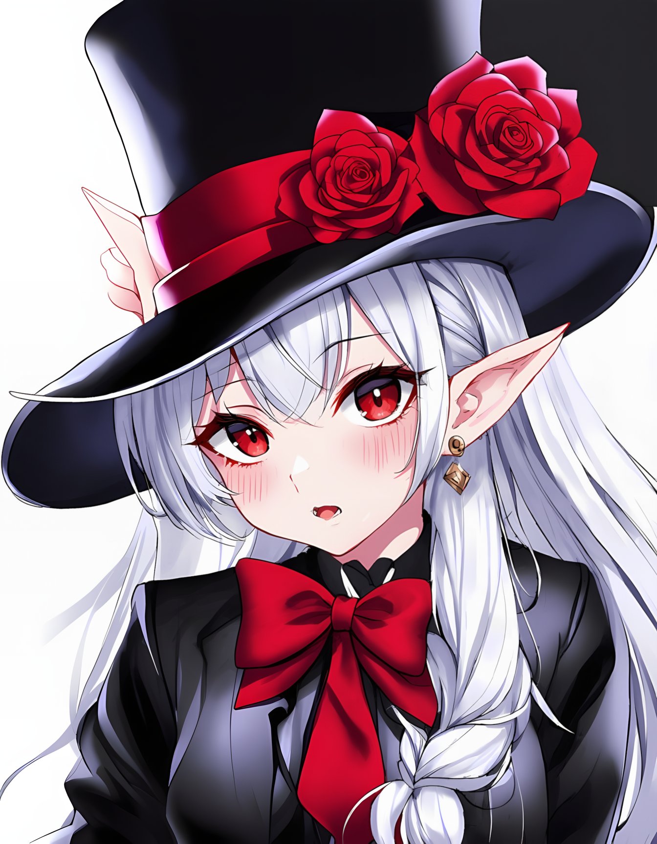 1girl, long hair, looking at viewer, open mouth, red eyes, hat, bow, jewelry, upper body, white hair, braid, flower, earrings, pointy ears, bowtie, official alternate costume, red bow, black headwear, rose, scar, fangs, black background, portrait, red flower, red bowtie, scar on face, top hat, red rose, scar across eye, hat flower, vampire,