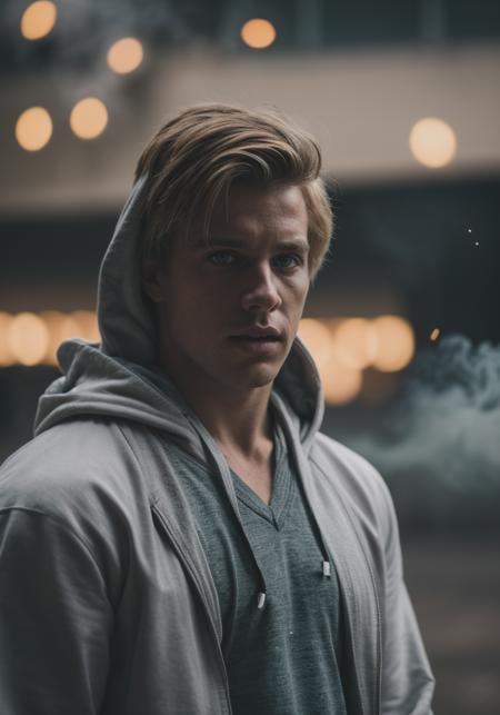 Highly detailed, male focus, Cinematic portrait, 1boy, black open jacket, dark blue v-neck undershirt, solo, brown pants, short blonde hair, white drawstring hood down, looking at viewer, blurry, parted lips, blurry background, green eyes, cowboy shot, standing, dirty, depth of field, light particles, smoke, sfw