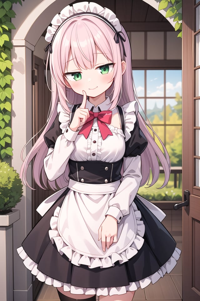 insanely detailed, absurdres, ultra-highres, ultra-detailed, best quality,1girl, solo, nice hands, perfect hands,BREAKapron, blush, bow, bowtie, frilled apron, frills, long sleeves, maid, maid apron, maid headdress, waist apron, white apronBREAKsmile, closed mouthBREAK(finger to mouth, shushing:1.2), index finger raised, cowboy shot, looking at viewer,BREAKslender, kawaii, perfect symmetrical face, ultra cute girl, ultra cute face, ultra detailed eyes, ultra detailed hair, ultra cute, ultra beautiful,BREAKday, flower, ivy, leaf, indoors, open door, plant, potted plant, vines, window,BREAKwhite (pink:1.2) hair, green eyes, long hair, medium breasts, bangs, eyebrows visible through hair,