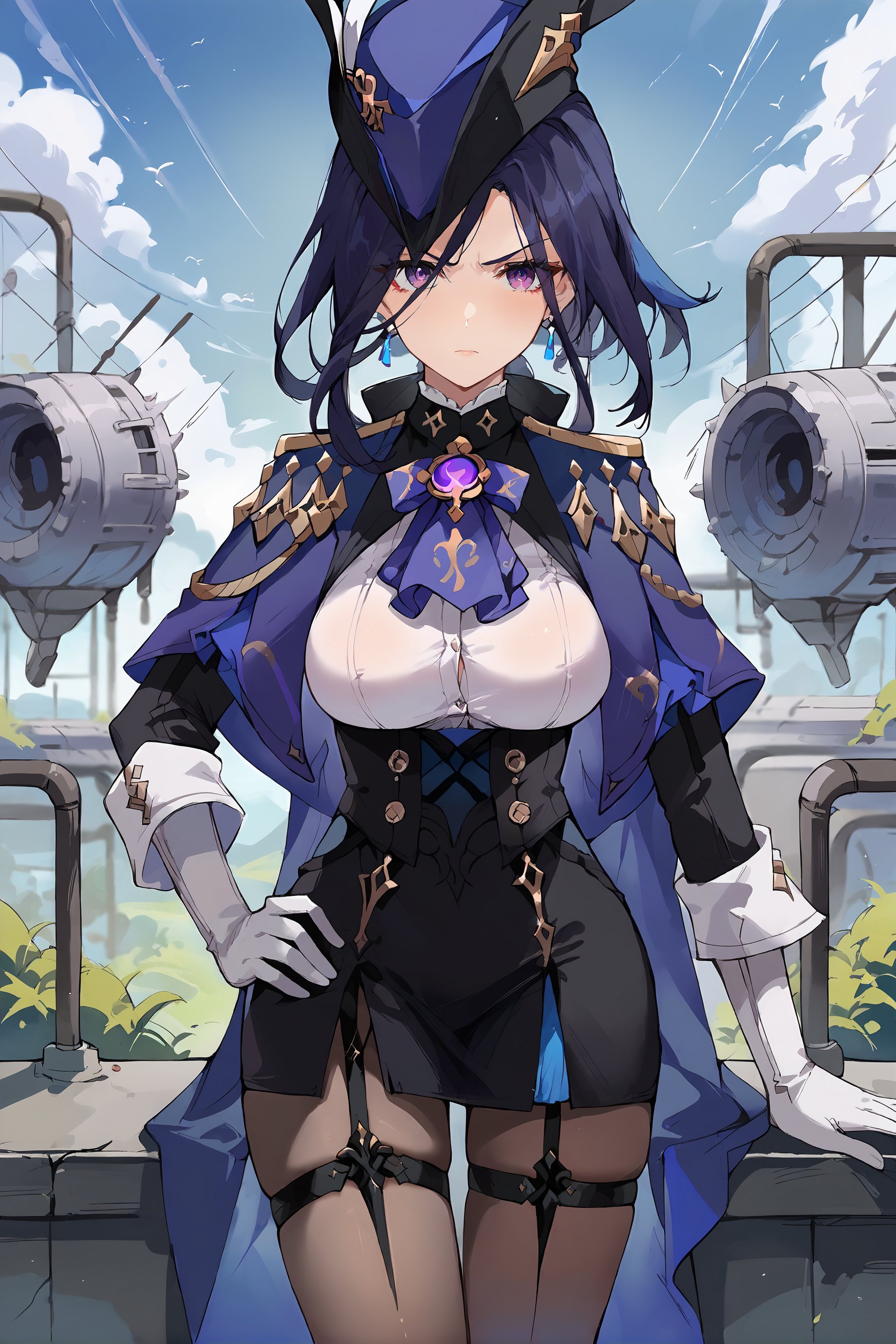 score_9, score_8_up, score_7_up, source anime, 1girl, clorinde \(genshin impact\), tricorne, black pantyhose, earrings, blue cape, white gloves, pencil skirt, white shirt, thigh strap, underbust, ascot, black jacket, factory, outdoors, depth of field, looking at viewer, glaring, hand on hip <lora:Char-Genshin-Clorinde-Pony-V1:0.9>   <lora:mikozin__Blue_archive_style:0.7>