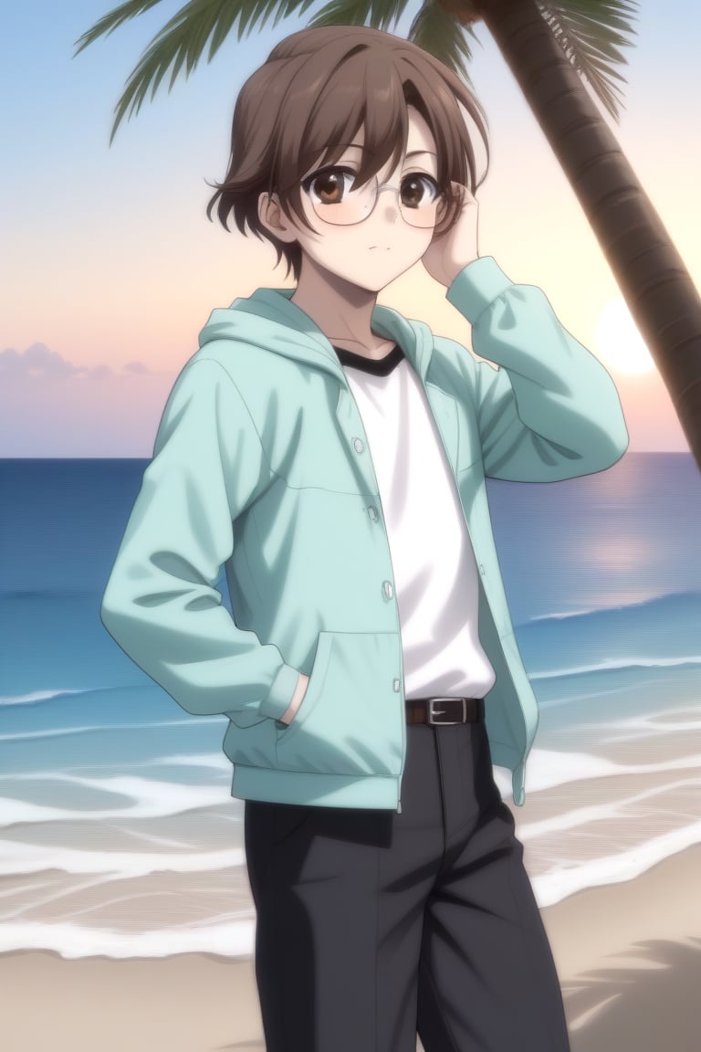 Highly detailed, High Quality, masterpiece, beautiful, BREAK 1boy, solo, male focus, 16 years old, yuuki ashikaga, brown hair, brown eyes, short hair, glasses, BREAK beach, palm trees, sea, outdoors, sunset, BREAK open clothes, pants, green Hoodie, T-shirt, Hoodie, long sleeves,BREAK Front view, Focus waist, standing<lora:EMS-438646-EMS:1.000000>