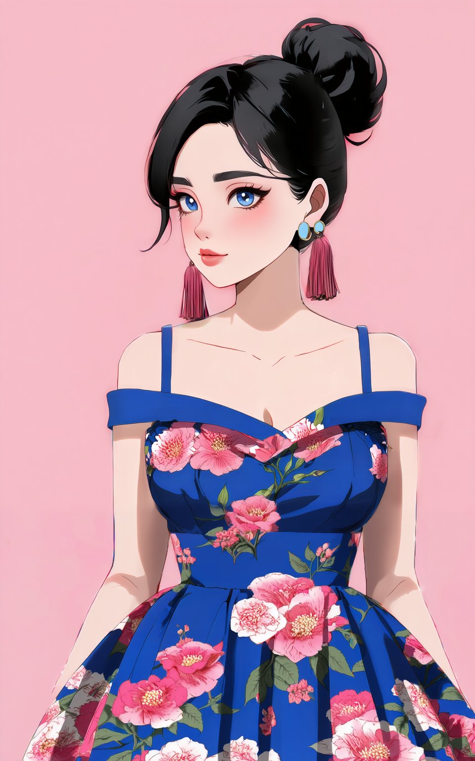 anime style, 1girl,looking at viewer,blush,blue eyes,simple background,black hair,dress,bare shoulders,jewelry,earrings,parted lips,sleeveless,hair bun,double bun,makeup,sleeveless dress,blue dress,chinese clothes,pink background,tassel,china dress,eyeshadow,tassel earrings,print dress