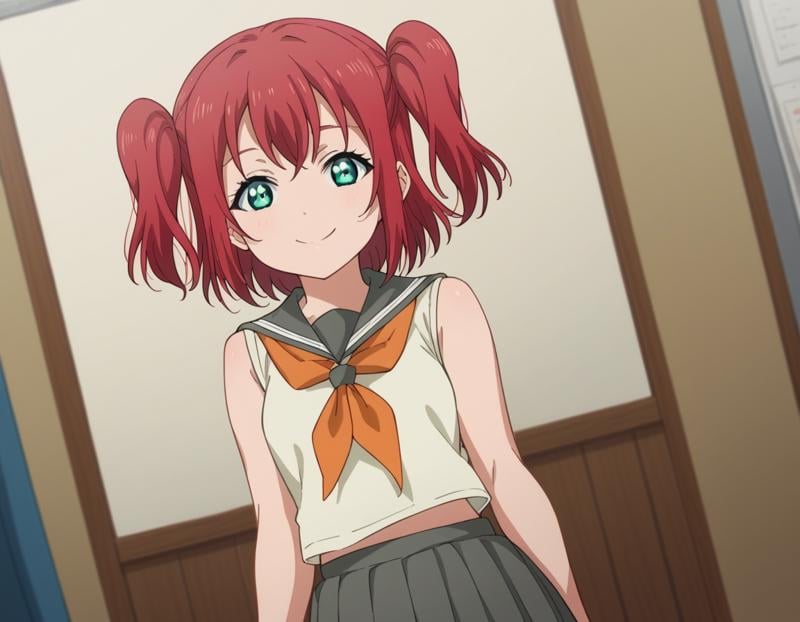 score_9, score_8_up, score_7_up, source_anime, <lora:ruby-kurosawa-s2-ponyxl-lora-nochekaiser:1>, ruby kurosawa, short hair, bangs, green eyes, red hair, aqua eyes, two side up,, shirt, school uniform, white shirt, serafuku, neckerchief, uranohoshi school uniform, orange neckerchief, sleeveless, skirt, pleated skirt, grey skirt,, indoors, smile, looking at viewer, solo,, cowboy shot, dutch angle