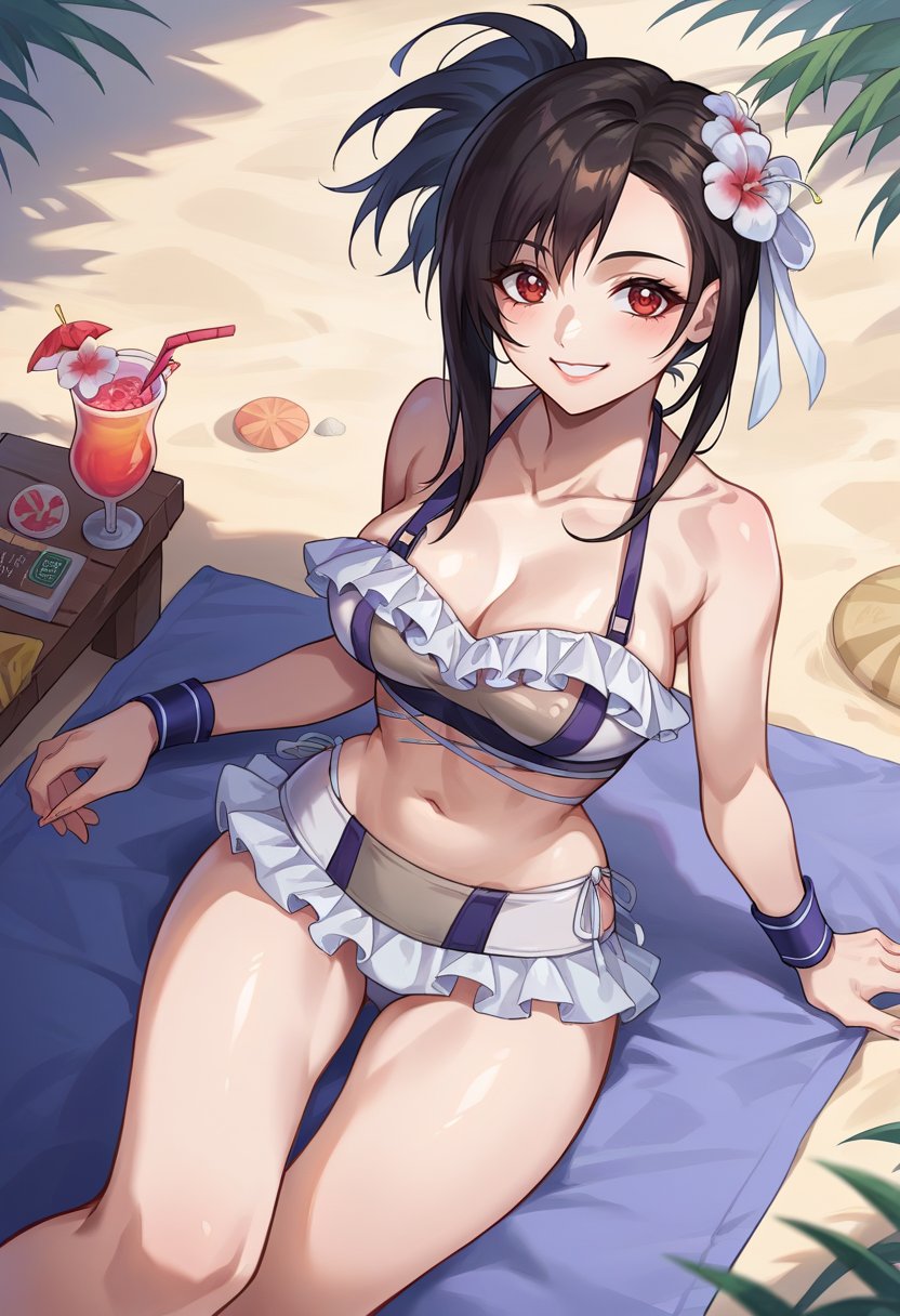 score_9, score_6_up, source_anime, 1girl, solo, beach, island, sitting on towel, tifa_shiningspirit, ponytail, sidelocks, frilled bikini, hair flower, white flower, smile, holding cocktail <lora:tifaXL:1>