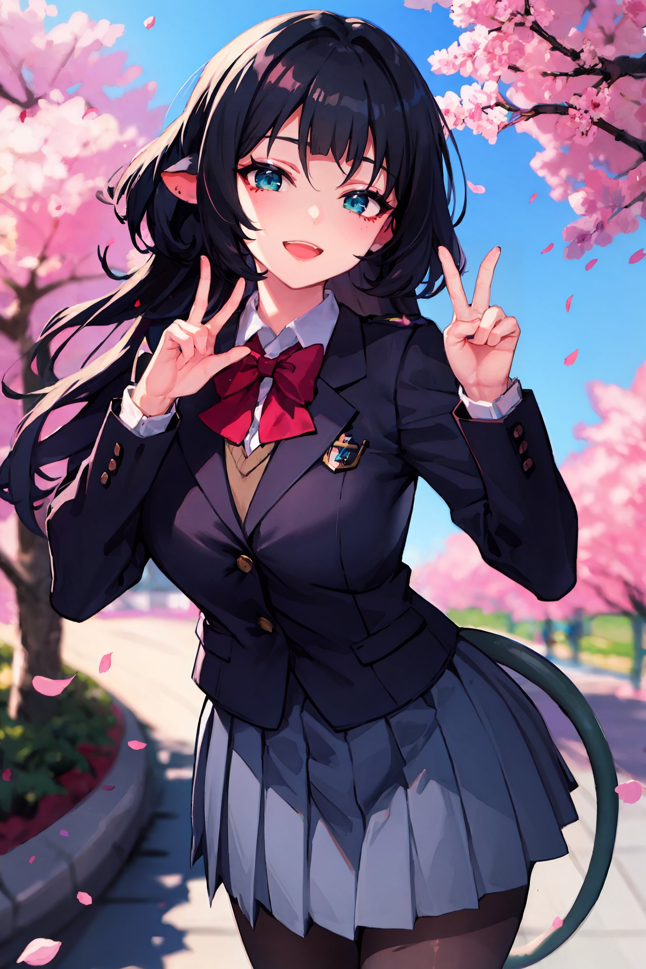 1girl, jane doe \(zenless zone zero\), long hair, solo, school uniform, white shirt, sweater, pleated skirt, pantyhose, smile, open mouth, double v, looking at viewer, smile, open mouth, outdoors, street, cherry blossoms, petals, depth of field, tail