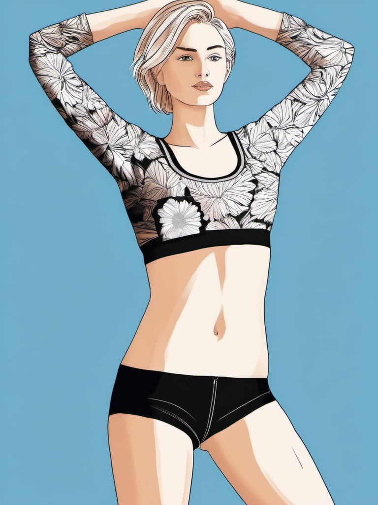 1NK , <lora:1NK:1>,The image a black and white illustration of a young woman in a sports bra and shorts. She is standing with her arms stretched above her head and her head tilted back, as if she is dancing or posing for the camera. The woman has blonde hair and is wearing a long-sleeved top and shorts, and her body is covered in a pattern of flowers and leaves. The background is light blue, and the overall style of the illustration is sketchy and artistic.