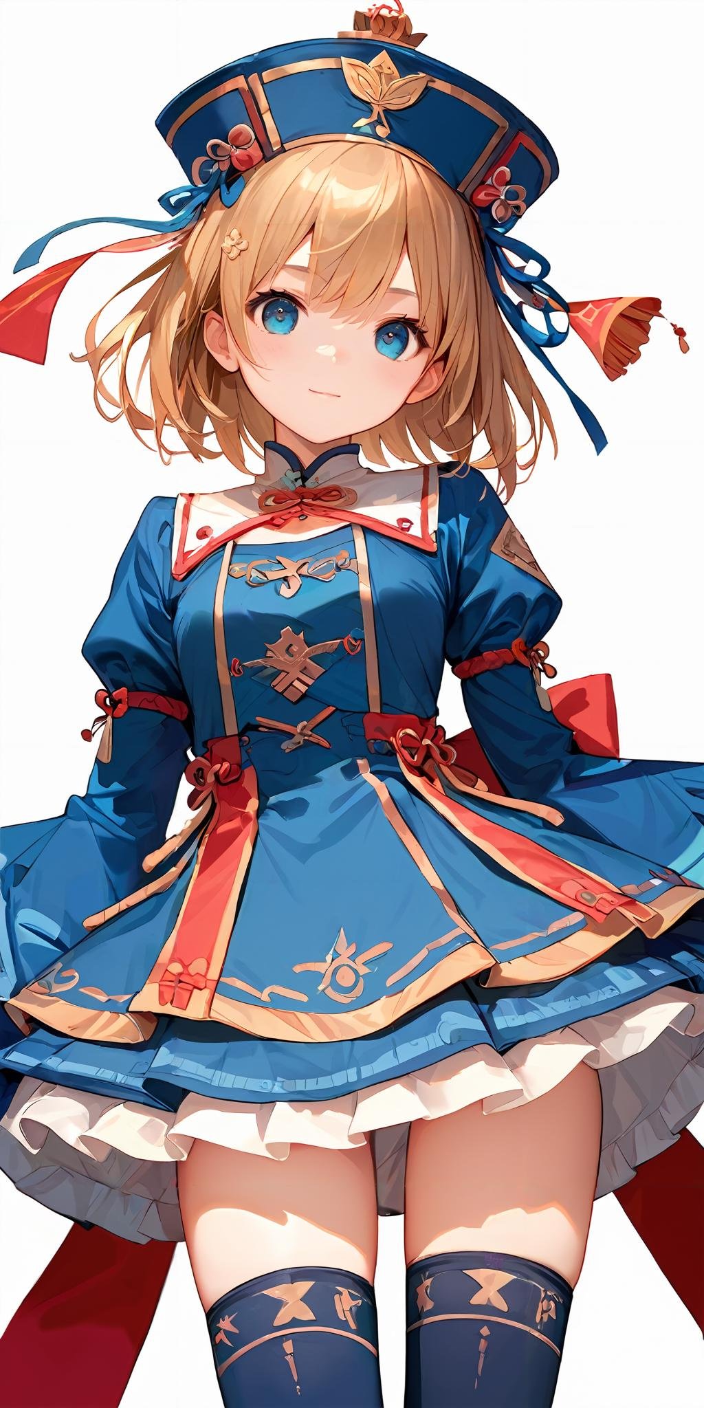 score_9, score_8_up, score_7_up,source_anime, high res image,masterpiece,best quality,girl,cowboy shot,cute face,simple background, <lora:jiangshi dress_Pony_V1.0:0.8> jyojifuku, ofuda,blue dress, ribbon,hat,thighhighs