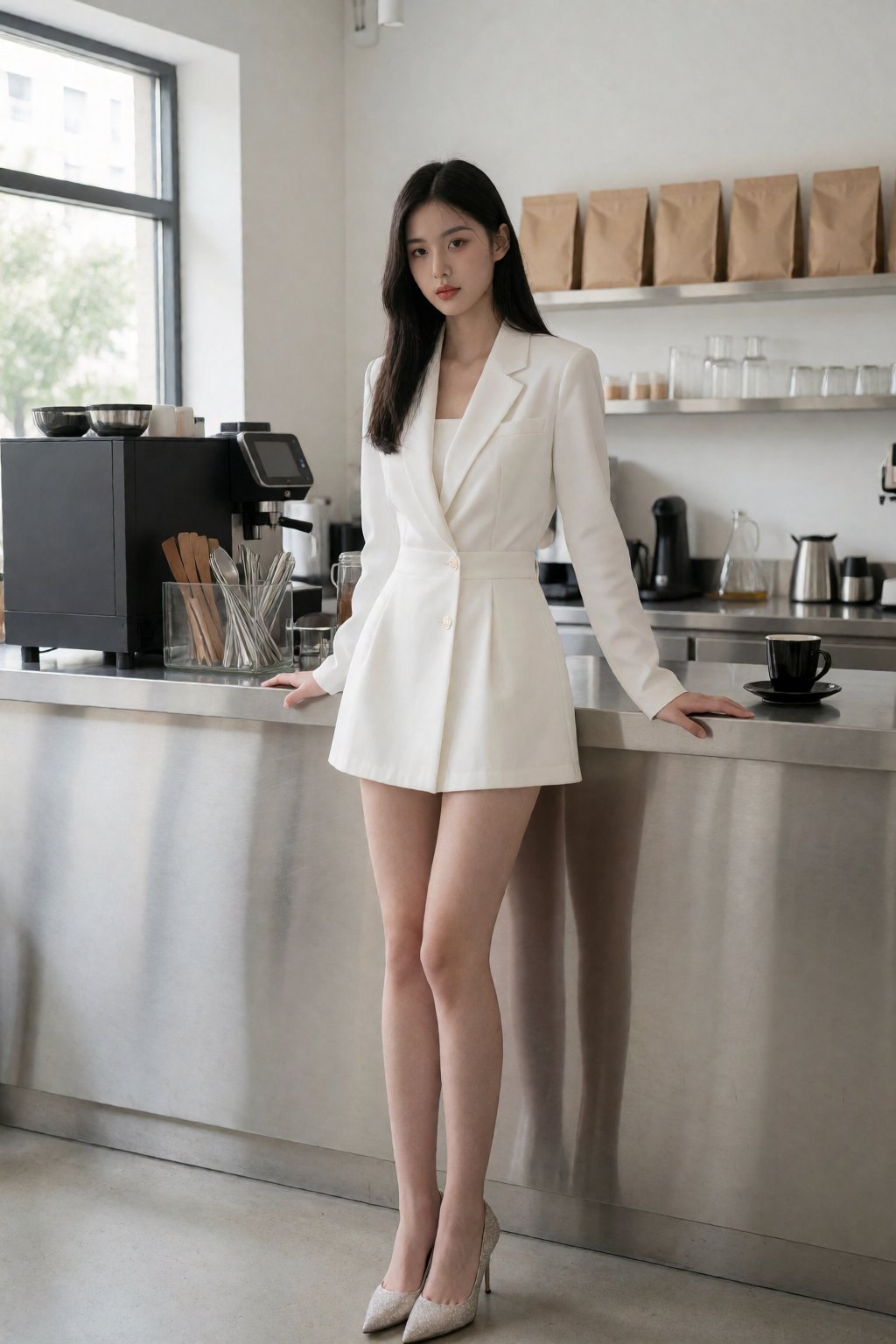 在这家现代简约的咖啡馆里,  一位身材纤细、肤色白皙、一头乌黑直发的女士自信地站在光滑的不锈钢吧台前。她身着一件别致的白色短裙,  衬托出她娇小的身形 by 天TIN on Tensor.Art