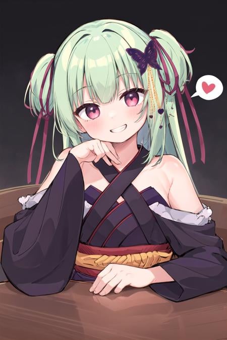 1girl, murasame, two side up, hair ornament,kimono, bare shoulders,head rest, across table, spoken heart, head tilt, grin, arm support<lora:Murasame-06:1>,